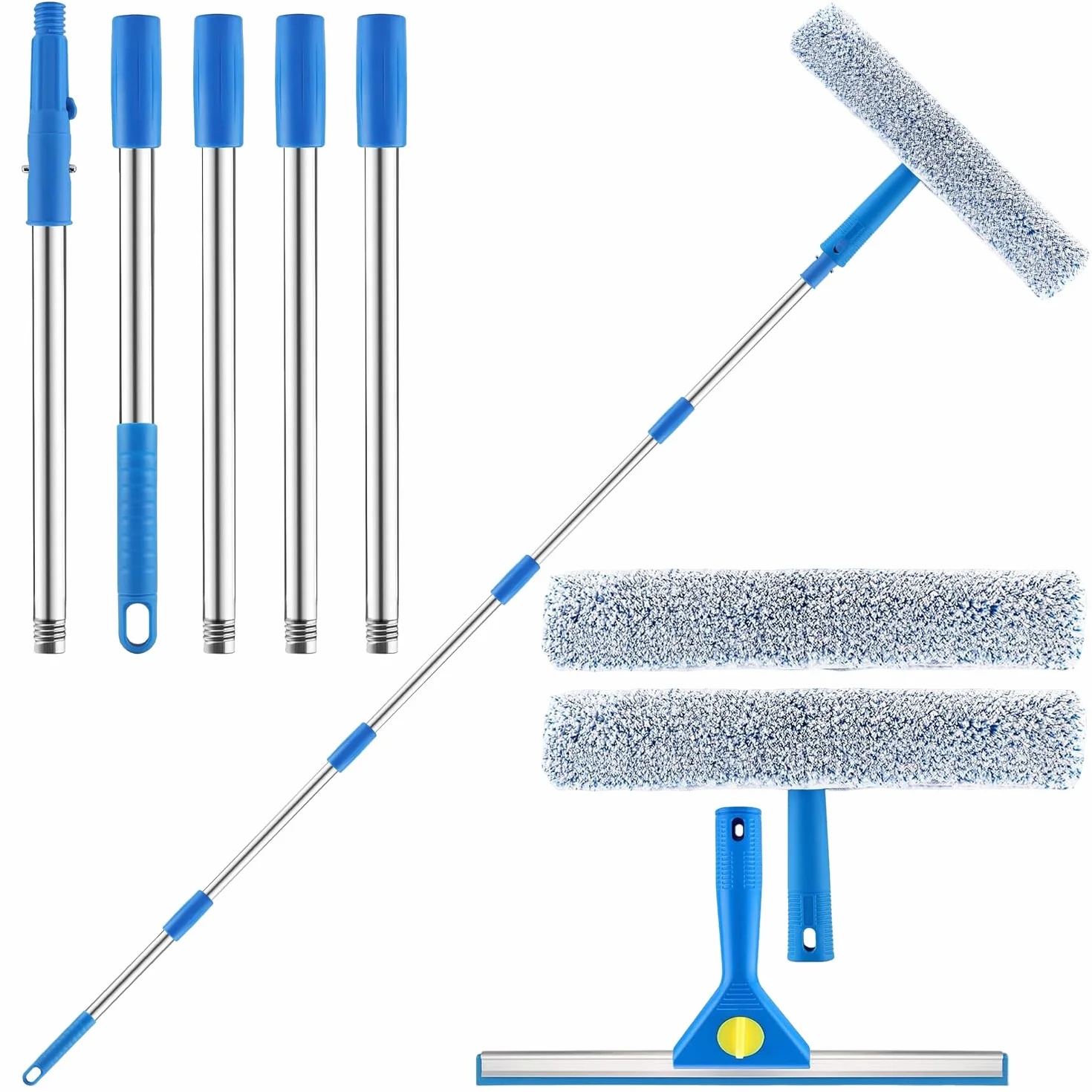 Profesjonalny Zestaw do Czyszczenia Okien z Długim Uchwytem (200cm) - (35cm) Silikonową Ściągaczka i Ściereczki do (37cm) Okien z Mikrofibry do Szklanych Drzwi Prysznicowych, Luster i Samochodów