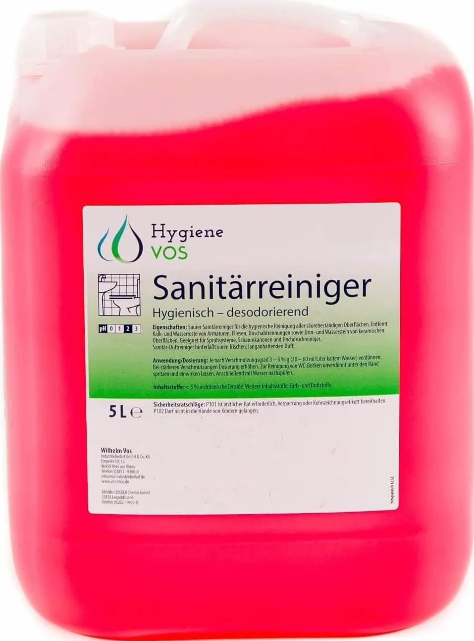 Płyn do czyszczenia sanitariatów Hygiene Vos 5 litrów. Usuwa kamień z kranów, płytek, kabin prysznicowych, a także kamień urynowy i wodny. Odpowiedni do myjek ciśnieniowych