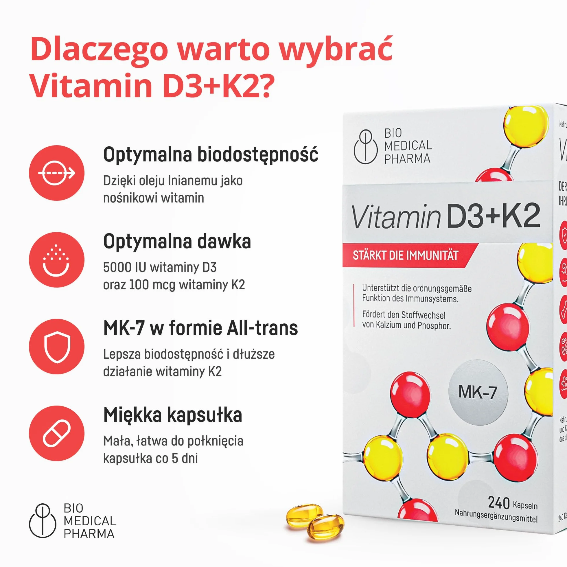 Witamina D3 K2 Wysoka Dawka 5000 IU – 240 Kapsułek Softgel – K2 MK-7 All-Trans 100 µg – Z Olejem Lnianym dla Lepszego Wchłaniania – Dla Odporności, Kości i Mięśni – Bez Dodatków