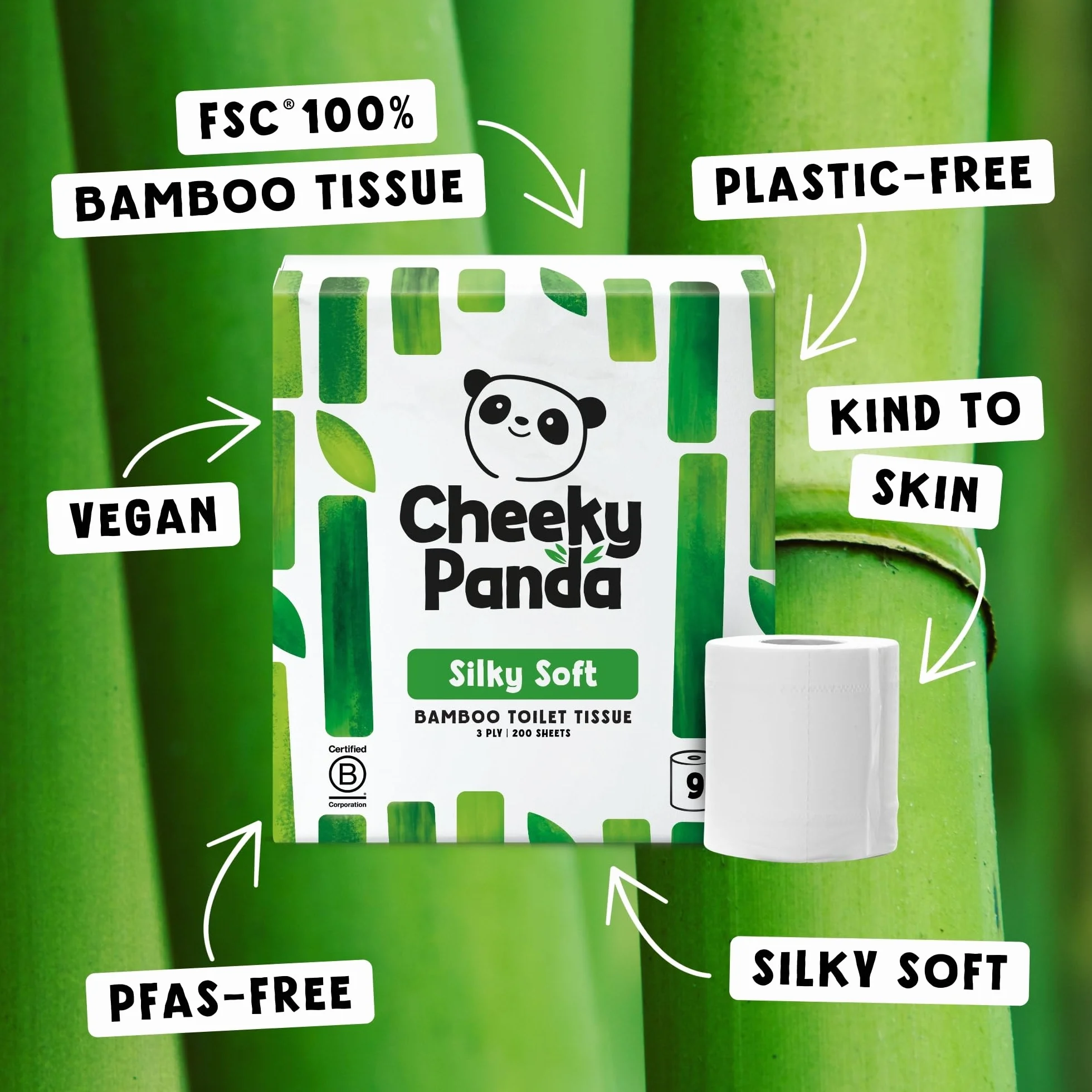 The Cheeky Panda Bambusowy papier toaletowy – 9 rolek papieru toaletowego, opakowanie bez plastiku i zrównoważona chusteczka toaletowa, w 100% kompostowalny