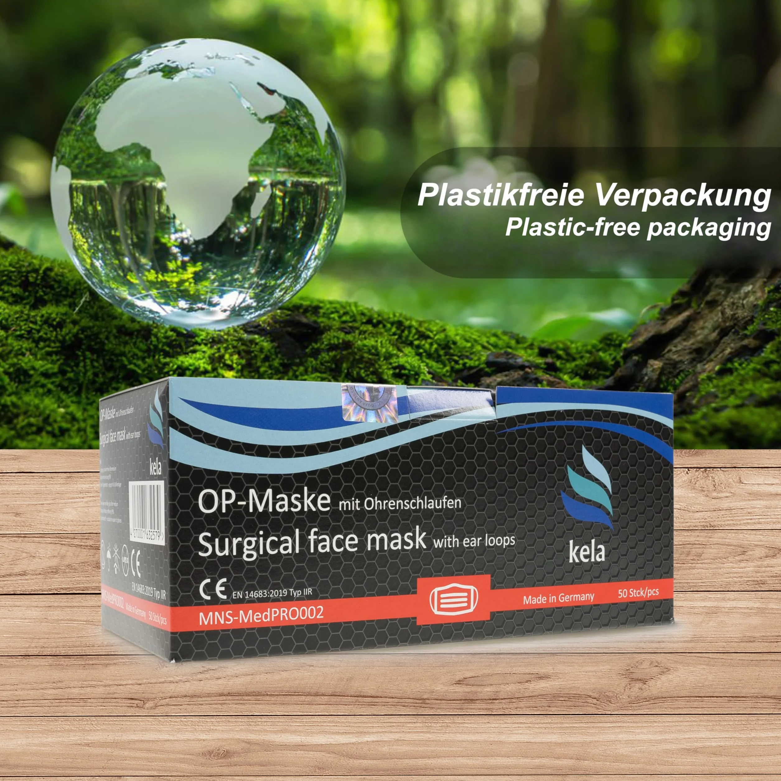 kela®, Maska medyczna, czarna, Made in Germany, maska medyczna do ochrony ust i nosa, jednorazowa maska chirurgiczna, certyfikat CE, DIN EN 14683 typ IIR, BFE > 99,9%, 3-warstwowa