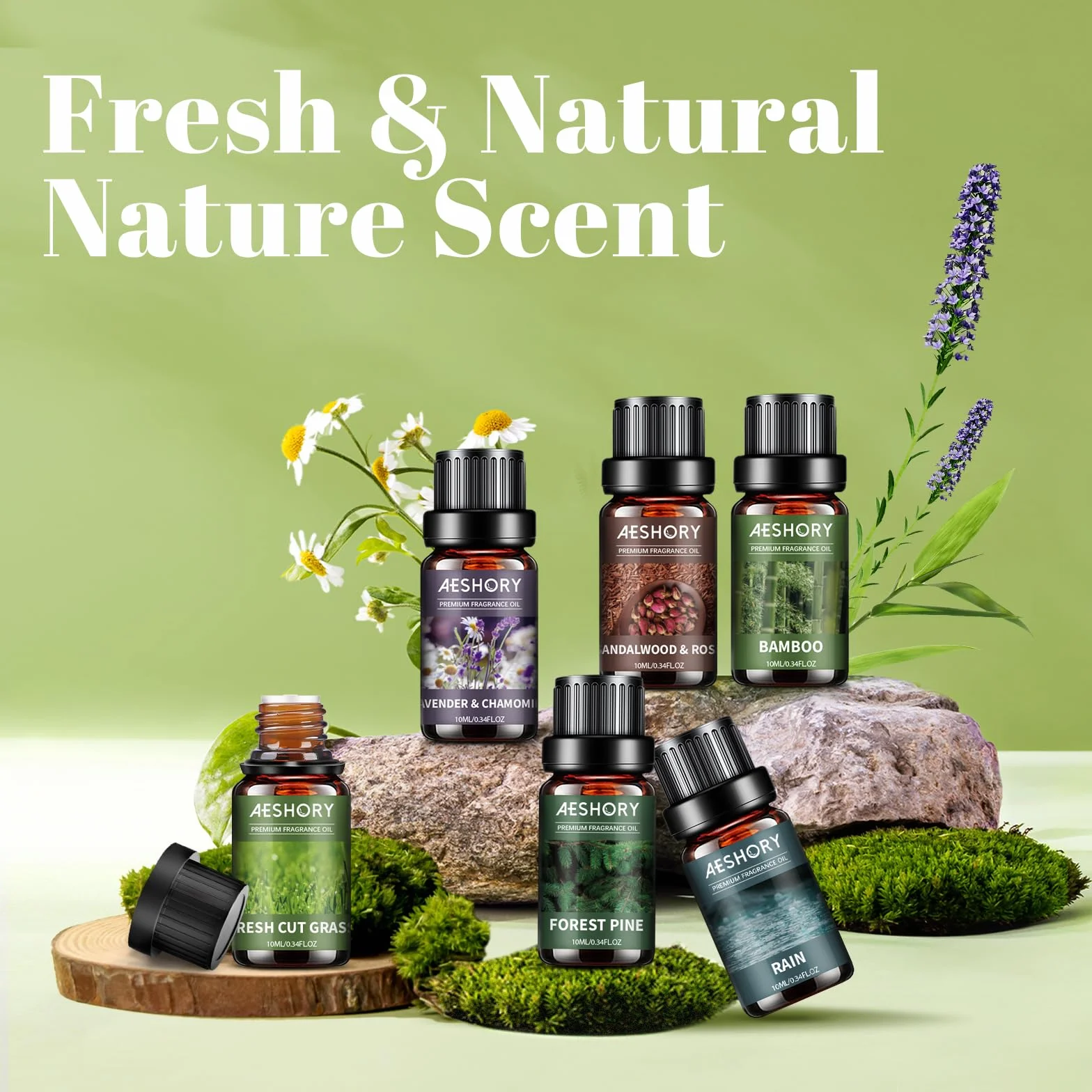 AESHORY 6 x 10ML Zestaw Naturalnych Olejków Eterycznych Do Dyfuzora, Relaksu, Wyrobu Świec - Bambus, Deszcz, Sosna Leśna, Drzewo Sandałowe I Róża, Lawenda I Rumianek, Świeżo Ścięta Trawa