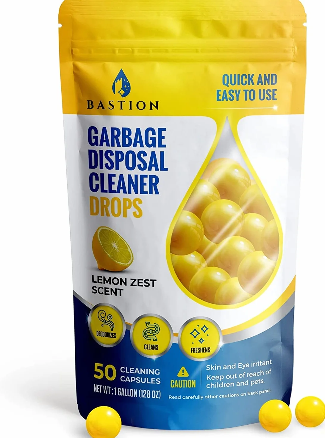 Garbage Disposal Cleaner and Deodorizer Drops- [[50-Count]] Lemon Zest Scented Kitchen Sink Freshener Pods & Drain Odor Eliminator Disposer Care Balls by Bastion
