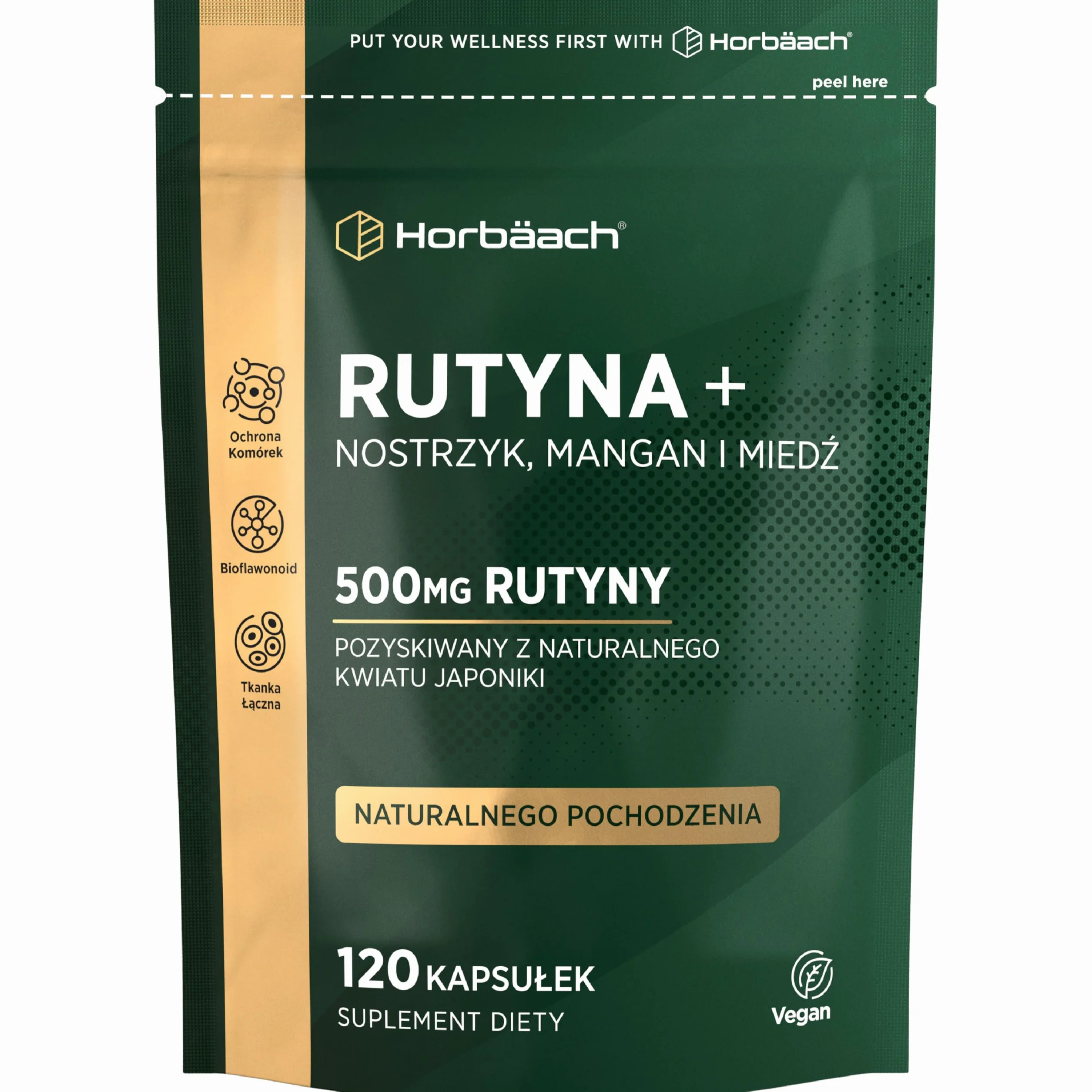 Rutyna 500mg z Nostrzykiem, Manganem i Miedzią | Rutyna Pozyskiwana z Naturalnego Kwiatu Japoniki | 120 Wegańskich Kapsułek | marki Horbaach