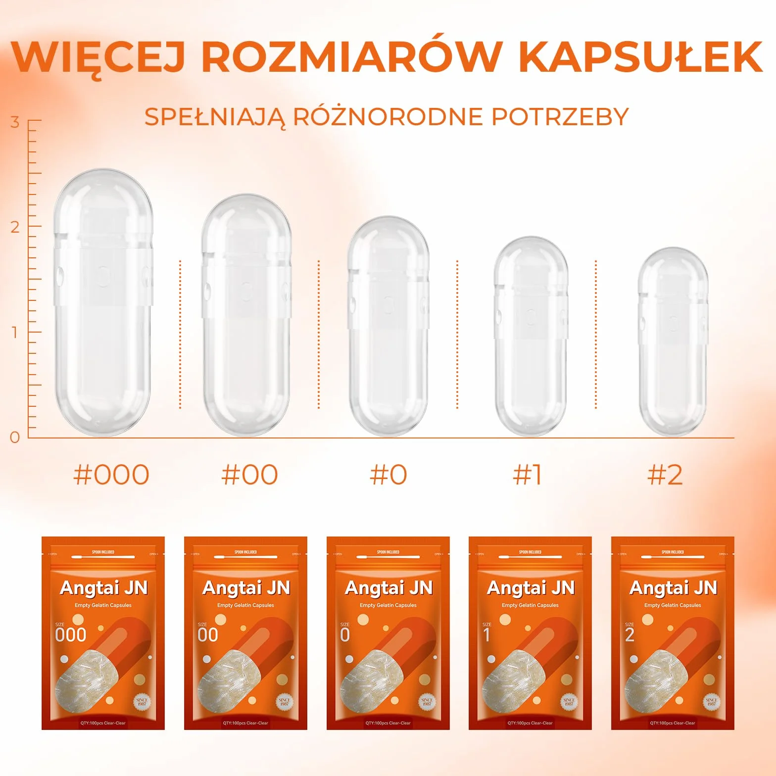 Angtai JN rozmiar 0 100 sztuk żelatynowe puste kapsułki, z 2 łyżki, bezbarwne i bezwonne, łatwe do połknięcia przezroczyste puste kapsułki, łatwe do przygotowania w domu, pojemność 408-816mg