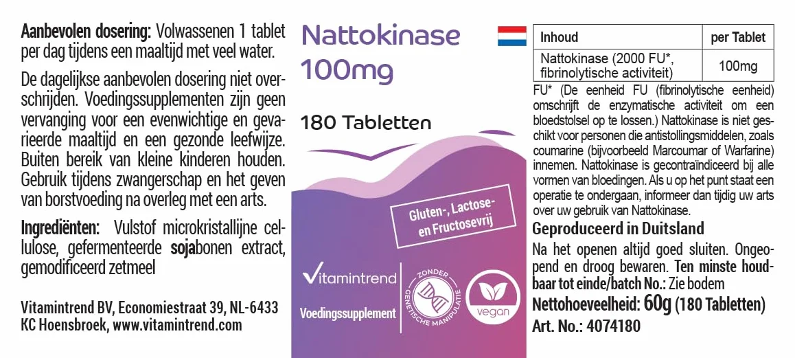 Vitamintrend Nattokinase 100mg, 180 tabletek po 100mg (21.800 FU/g), wysoka dawka, wegański, bez stearynianu magnezu, wyprodukowany w Niemczech