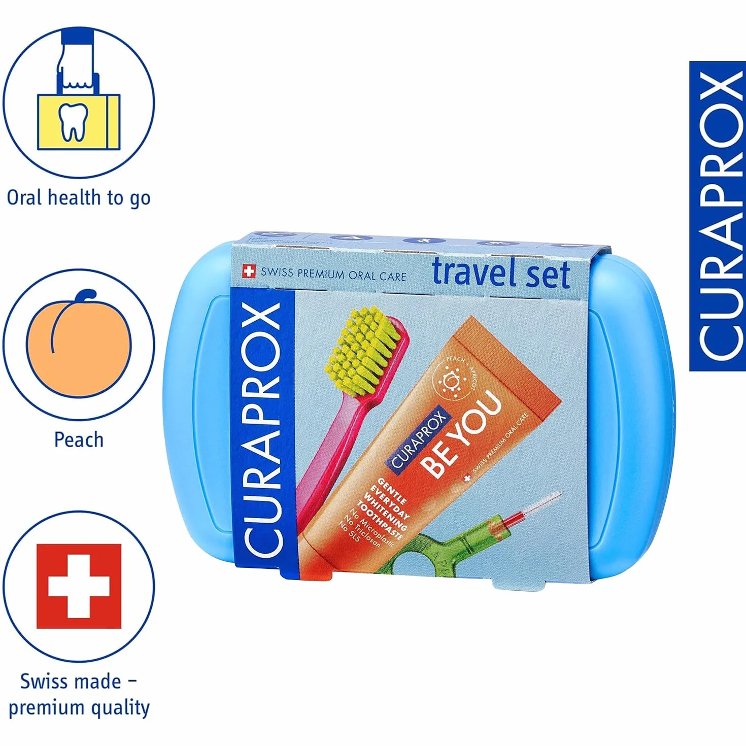 CURAPROX Zestaw Podróżny Szczoteczka CS 5460 z pastą do zębów "Be You" | 2 szczoteczki międzyzębowe CPS Prime 07 i 09 / zestaw do pielęgnacji zębów 9,5 cm x 6 cm/Niebieski/Made in Switzerland