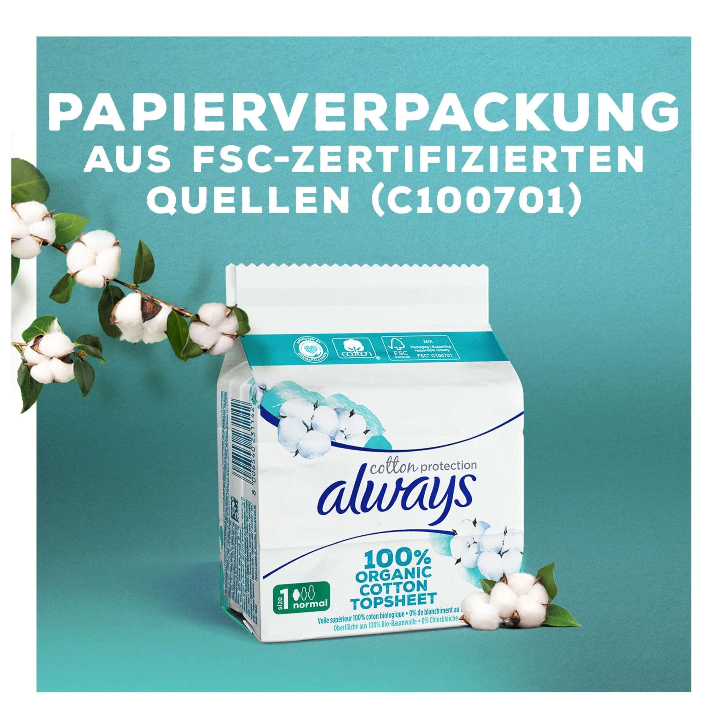 Always Ultra Binden damskie rozm. 1, normalne (22 podpaski higieniczne ze skrzydłami) Big Pack, Organic Cotton Protection, bezpieczna ochrona i powierzchnia 100% bawełna ekologiczna