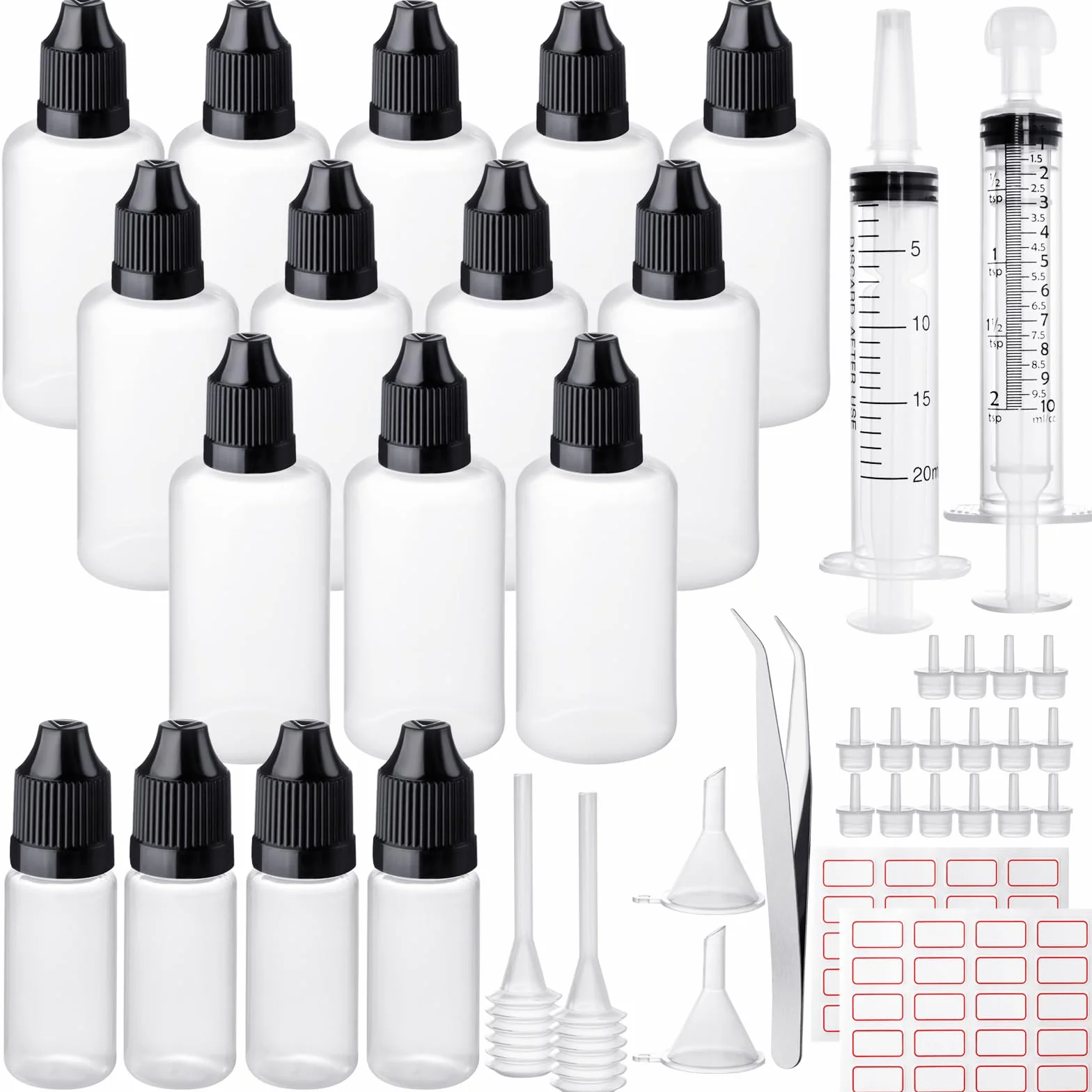 25 sztuk butelek z zakraplaczem, 50 ml, plastikowe butelki z pokrywką z zabezpieczeniem przed dziećmi, gratis lejek, etykiety, plastikowa strzykawka, miarka, pipeta