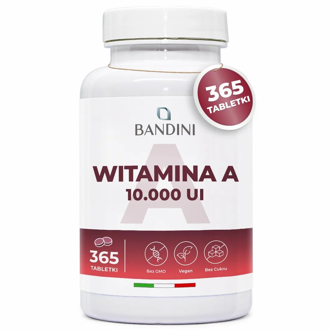 Bandini® Czysta Witamina A 10000 IU, 365 wegańskich tabletek (1+ rok), Pomaga utrzymać prawidłową skórę i wzrok, Octan retinylu, Alternatywa dla kropli i kapsułek witaminy A, Bez sztucznych dodatków