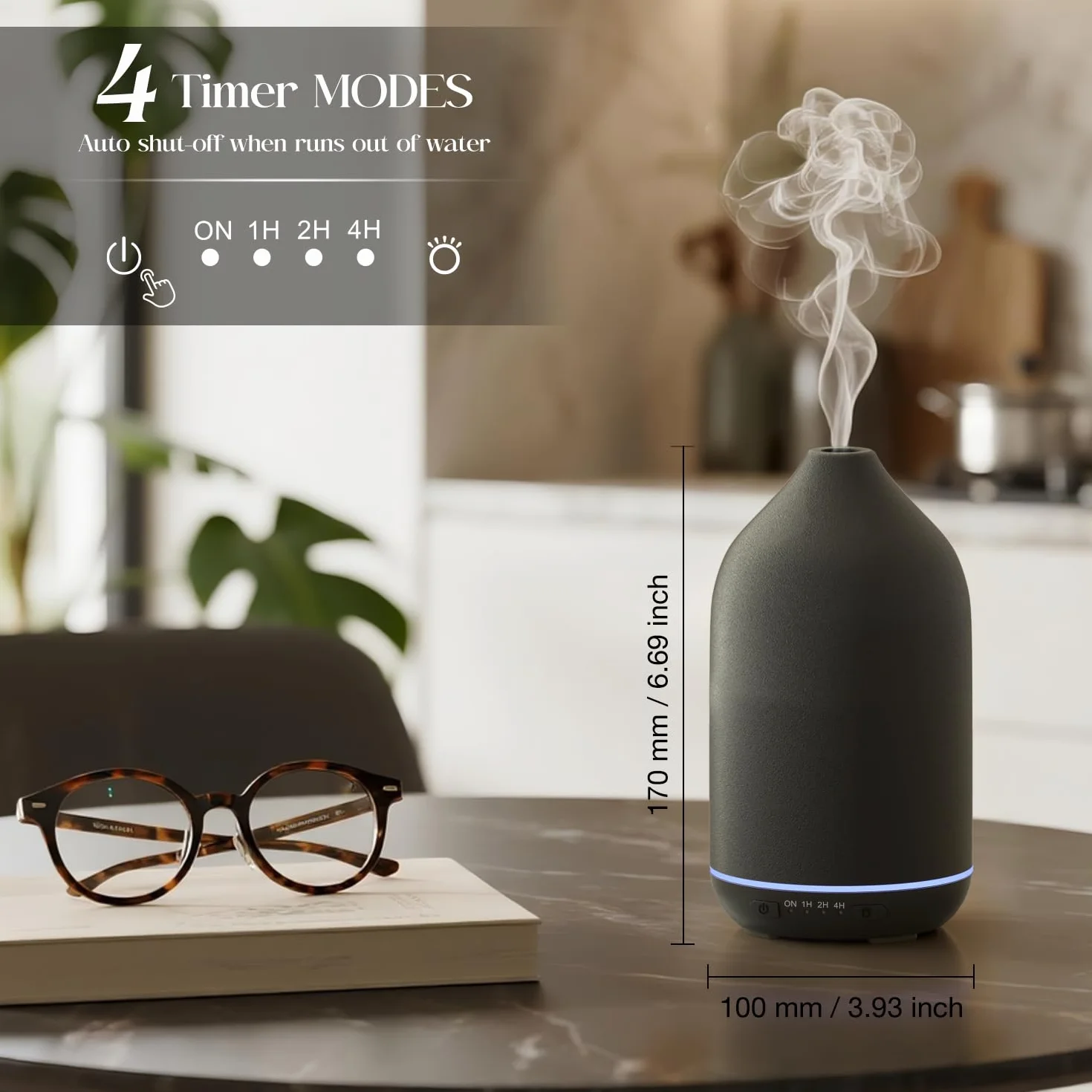 SALKING Dyfuzor olejków eterycznych, 200 ml, ceramiczny dyfuzor nawilżacz, ultradźwiękowy dyfuzor olejków eterycznych z 7 kolorami LED, automatyczne wyłączanie, timer, czarny