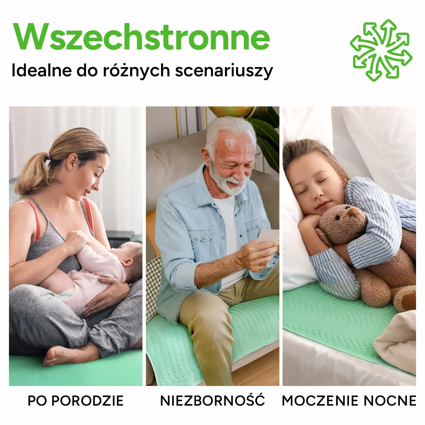 WhyWorry Zmywalne Podkładka na Nietrzymanie Moczu dla Dorosłych, 86 x 91 cm Wodoszczelna Maty do Moczenia Łóżko, Ochraniacze na Łóżko Wielokrotnego Użytku na Inkontynencję, Zielony, 2 Sztuk