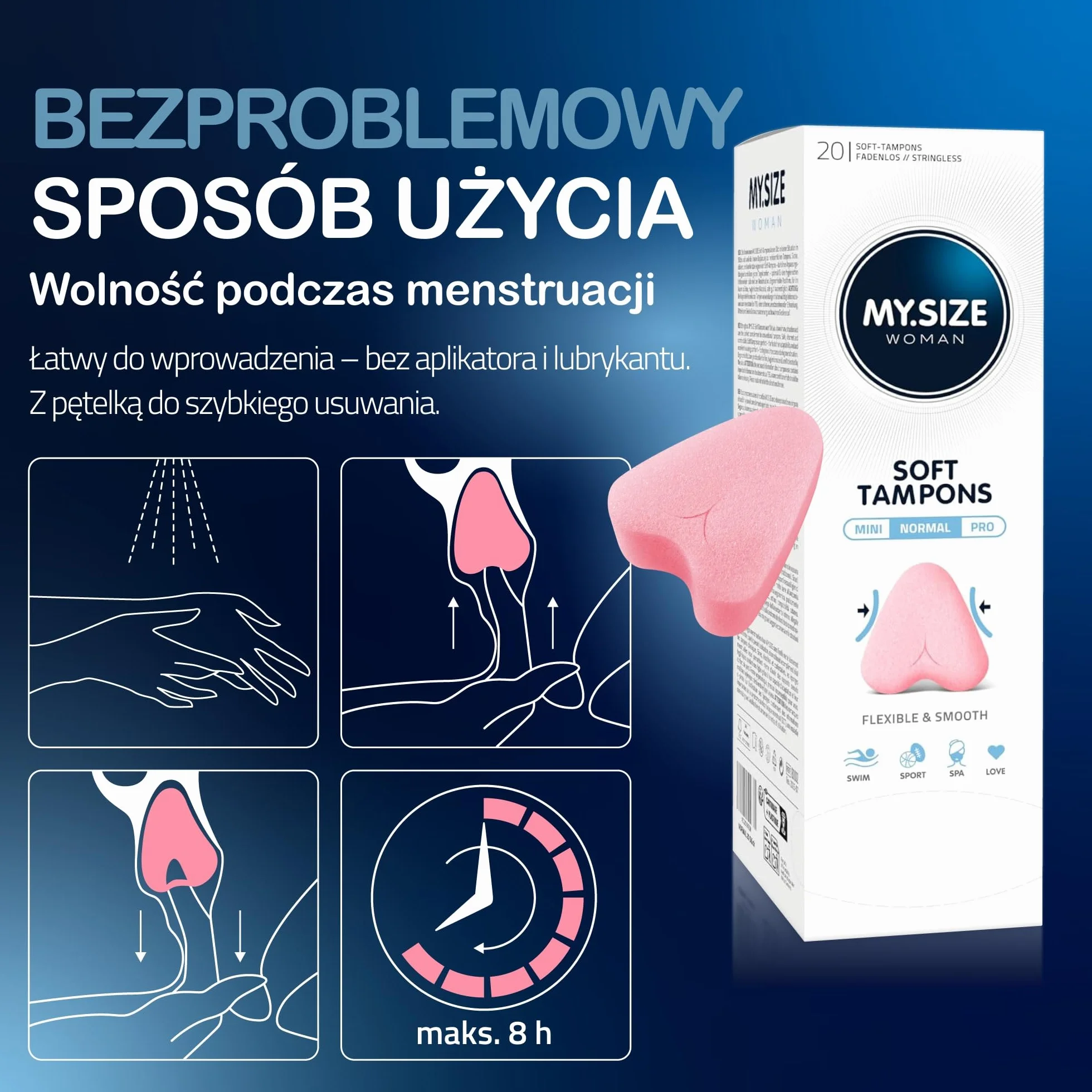 MY.SIZE Woman Soft Tampony NORMAL, 20 sztuk, tampony bez sznureczka do sportu, miłości i spa