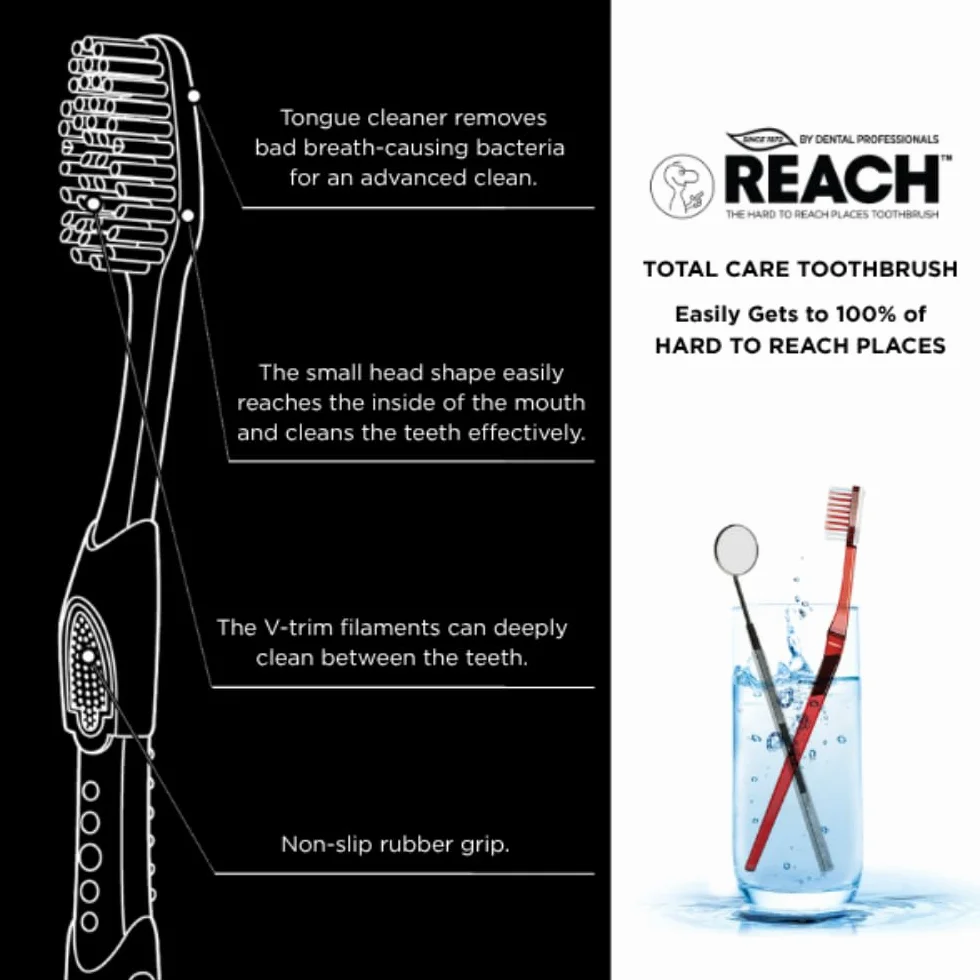 REACH Total Care Średnia szczoteczka do zębów – 2 x 3 szt. (6 szczoteczek), kompaktowa głowica z włosiem typu V, środek do czyszczenia języka i antypoślizgowy uchwyt, usuwa płytkę nazębną, delikatna