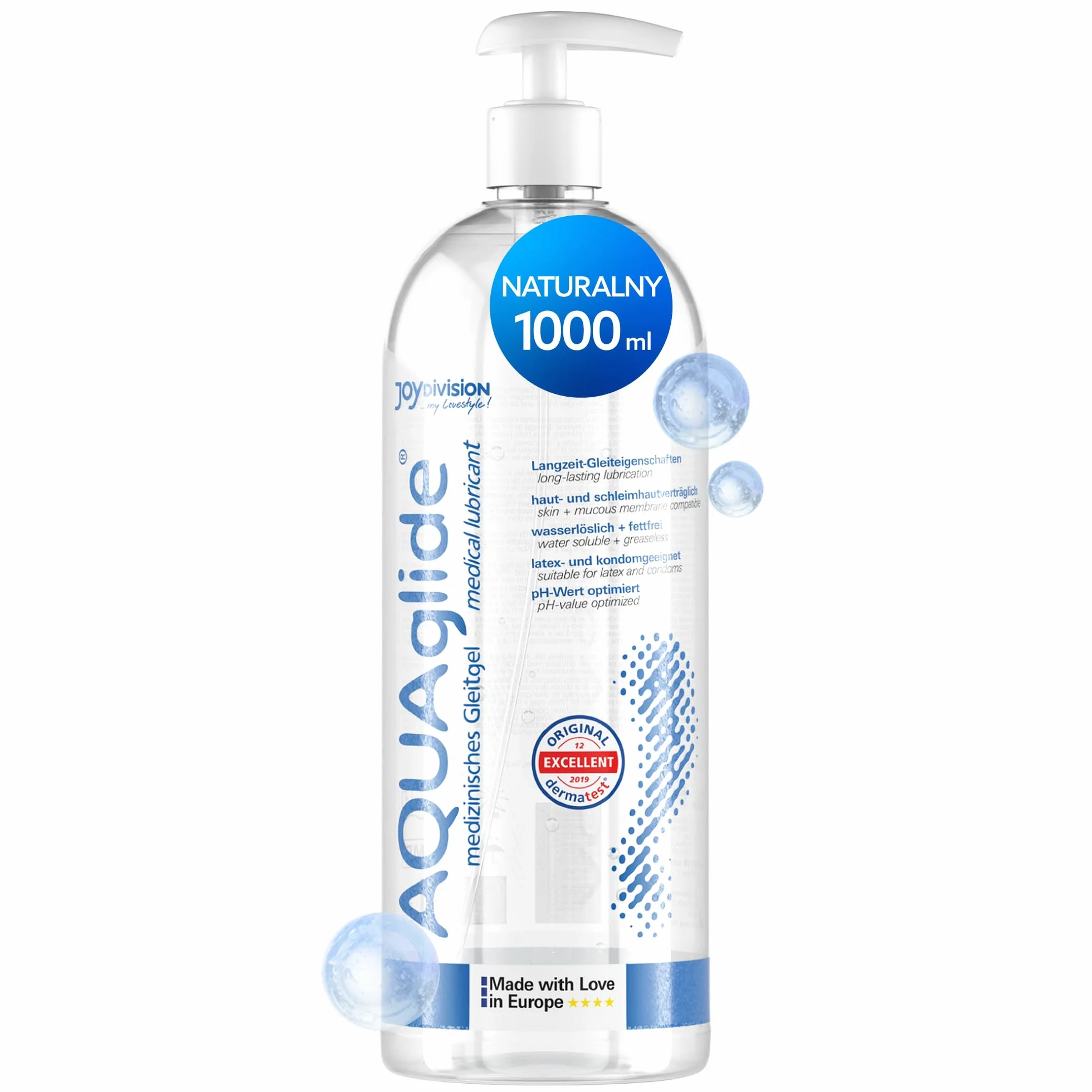 Joydivision Original AQUAglide 1000 ml naturalny lubrykant, krystalicznie czysty i wegański lubrykant, o zoptymalizowanym pH i kompatybilny z prezerwatywami lateksowymi
