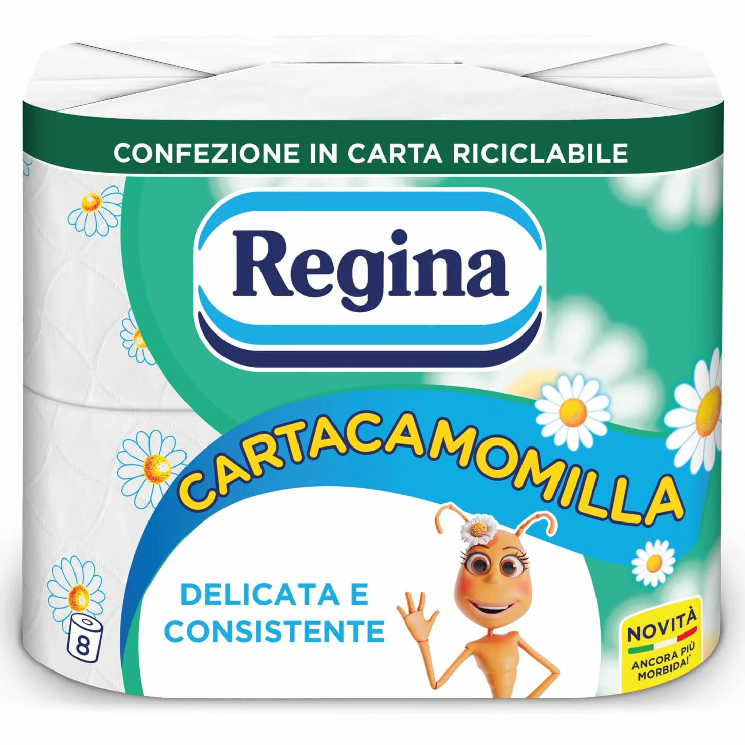 Regina Cartacamomilla 8 rolek papieru toaletowego, 300 puszystych liści, 3-warstwowe, delikatne i spójne, opakowanie z papieru nadającego się do recyklingu