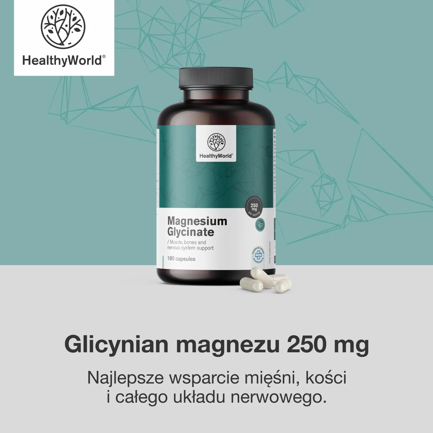 HealthyWorld Glicynian magnezu 250 mg 180 kapsułek roślinnych 125 mg magnezu na kapsułkę