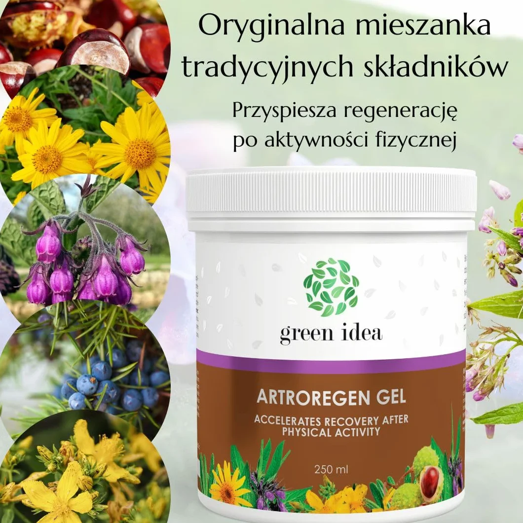 Green idea - Żel Artroregen | Maść na stawy |przyspiesza regenerację po treningu | Bóle stawów i mięśni | żywokost, arnika, kasztanowiec, rozmaryn, eukaliptus, mentol | żel do masażu 250 ml