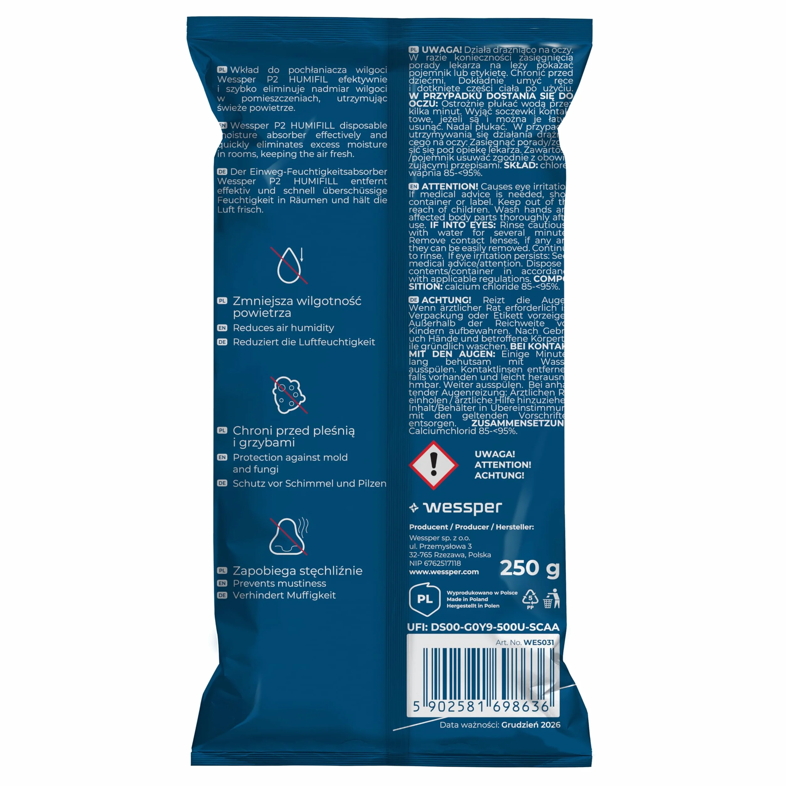 Wessper Wkłady do Osuszacza Powietrza 250g Granulat Pochłaniacz Wilgoci Przeciw Pleśni i Zapachom Bez Prądu