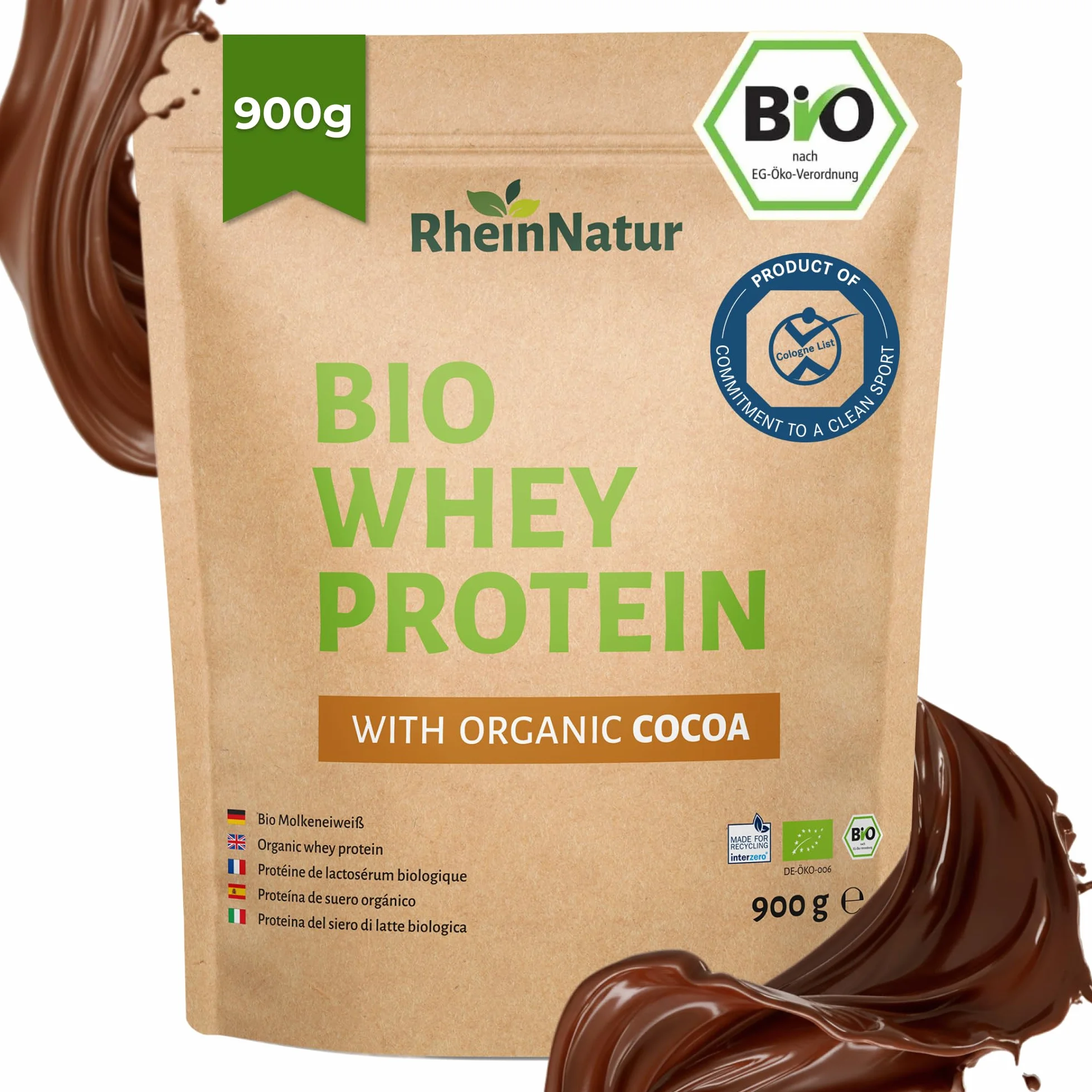 RheinNatur Bio Whey Protein Kakao 900 g - Proszek białkowy z bio-proszkiem kakaowym, 100% białko serwatki