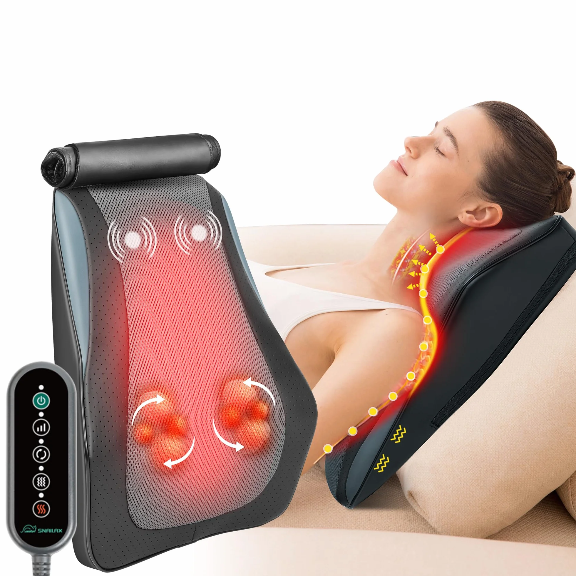 Snailax Poduszka do masażu Shiatsu 3D z ogrzewaniem na plecy, kark, ramiona