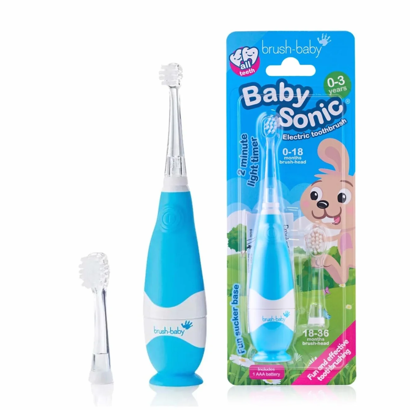 Brush-baby BabySonic elektryczna szczoteczka do zębów dla małych dzieci, bardzo miękkie włosie, timer 2-minutowy i podświetlana głowica szczoteczki do zębów dla dzieci w wieku 0-3 lat, niebieska