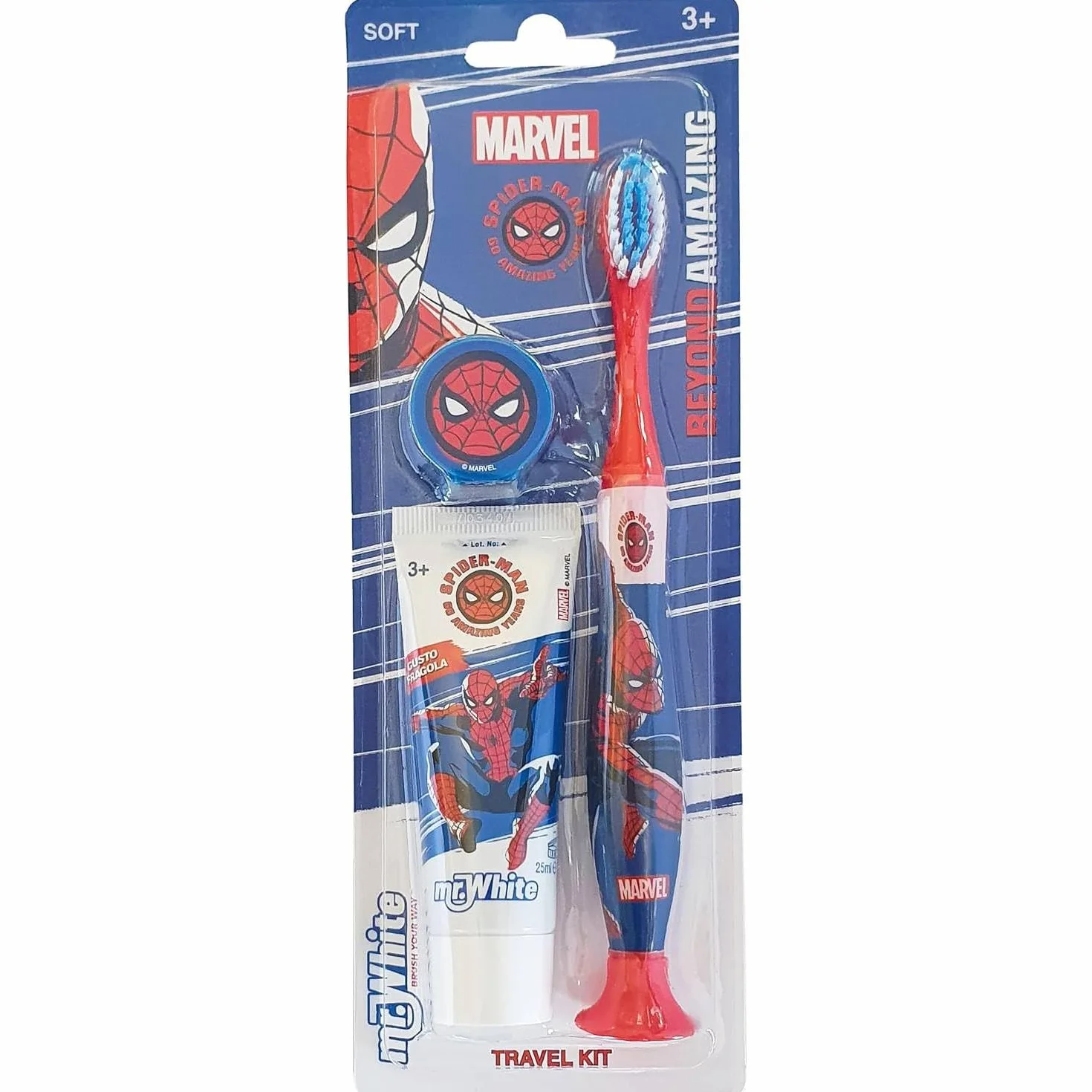 Mr.White Spider-Man zestaw podróżny dla dzieci 3 przybory toaletowe szczoteczka do zębów pasta 25 ml czapka