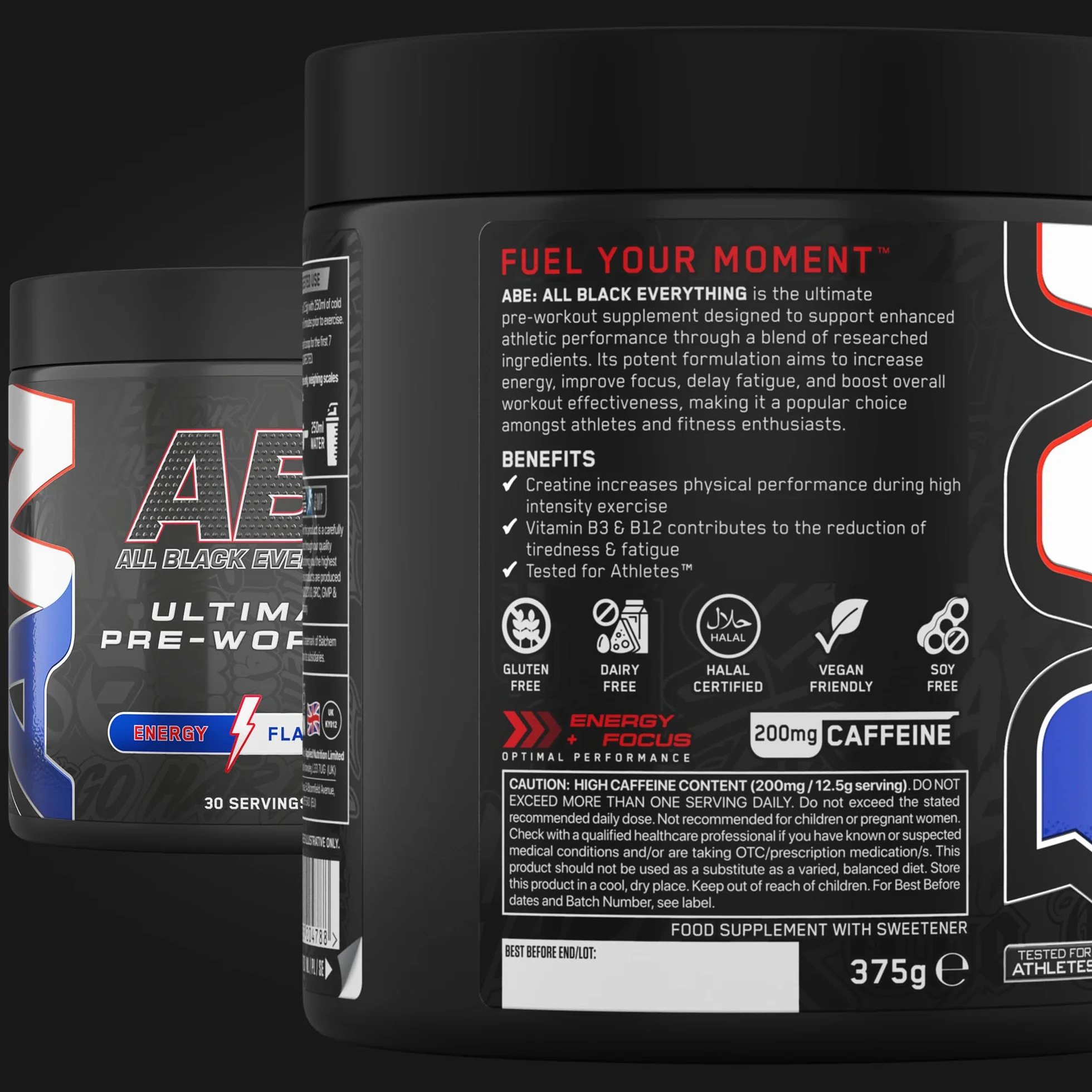 Applied Nutrition ABE Pre Workout - All Black Everything Pre Workout Powder, Energia i Wydolność Fizyczna z Cytruliną, Kreatyną, Beta-Alaniną (Energy Flavour, 375g - 30 porcji)