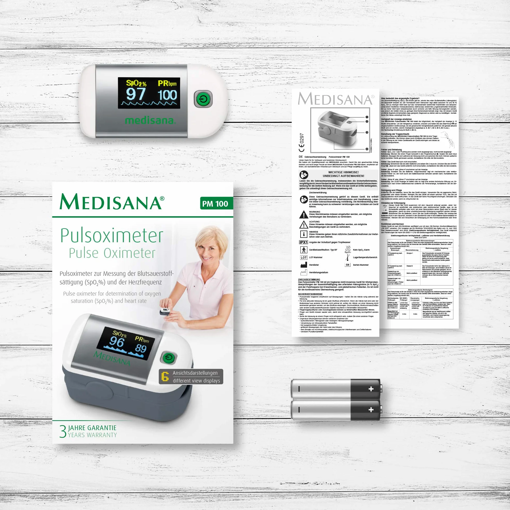 medisana PM 100 pulsoksymetr, pomiar nasycenia krwi tlenem, pulsoksymetr na palec z wyświetlaczem OLED i obsługą jednym przyciskiem