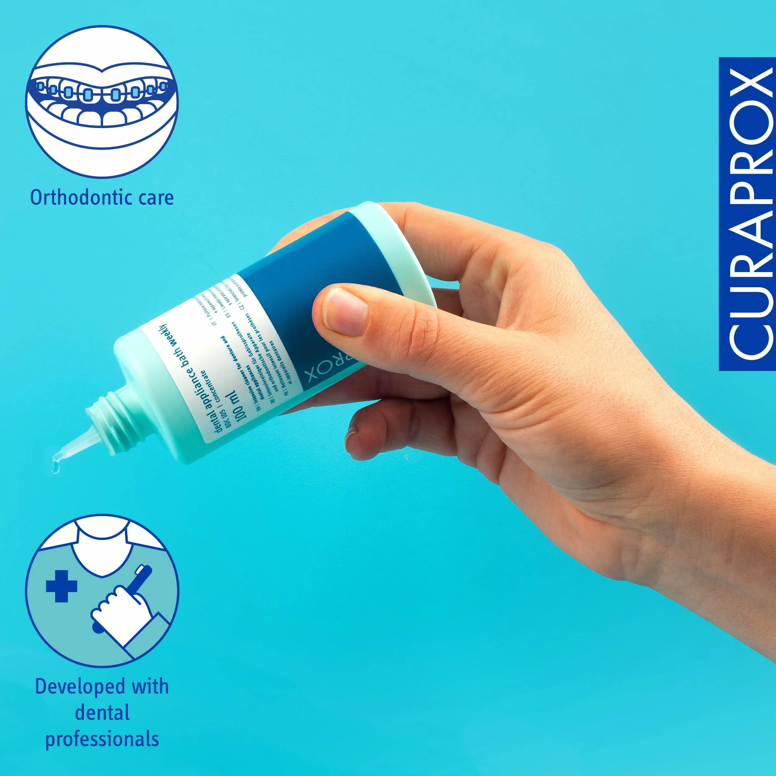 Curaprox BDC 105 Cotygodniowe czyszczenie 100ml Koncentrat-do protez i uchwytów/delikatna formuła z kwasem cytrynowym i olejem eukaliptusowym/zaprojektowany w Szwajcarii