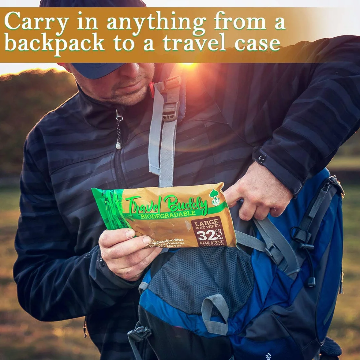 Travel Buddy duże biodegradowalne chusteczki nawilżane – na kemping, festiwal, wędrówki, w podróż, pod namiot – akcesoria, gadżety, niezbędne przybory, chusteczki