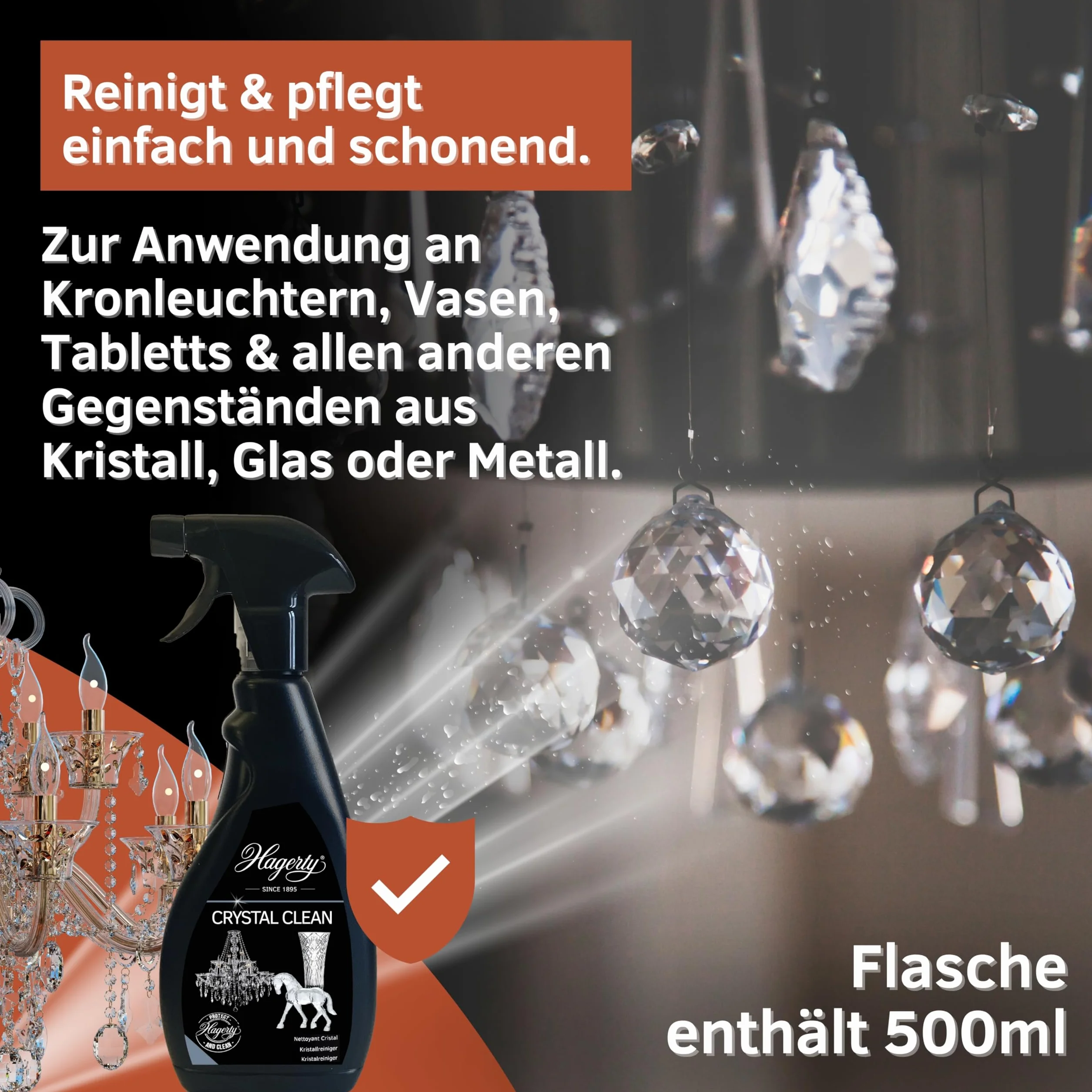 Hagerty Zestaw 2 x Crystal Clean kryształowy środek czyszczący w sprayu po 500 ml, skuteczny środek czyszczący do żyrandola, spray czyszczący do łatwego czyszczenia i pielęgnacji świeczników ze szkła
