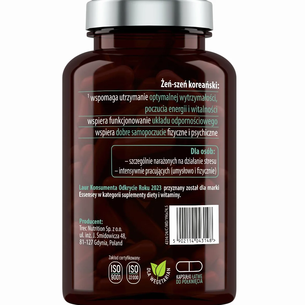 ESSENSEY - KOREAŃSKI ŻEŃ-SZEŃ I 500 mg I 90 Kapsułek I Ginsenozydy 50 mg I Dla wegetarianI 90 Dniowych porcji I Łatwe do połknięcia