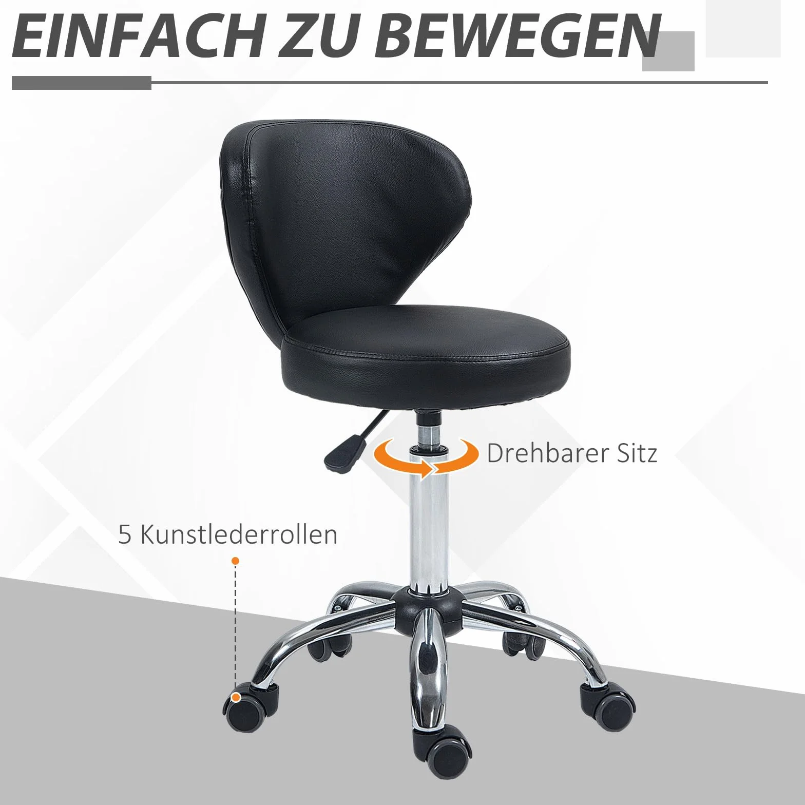 HOMCOM Taboret na kółkach z regulacją wysokości, obrotowy taboret do salonu z oparciem, kółkami, taboret roboczy do biura, salonu, ze sztucznej skóry, 45 x 54 x 73-88 cm, czarny