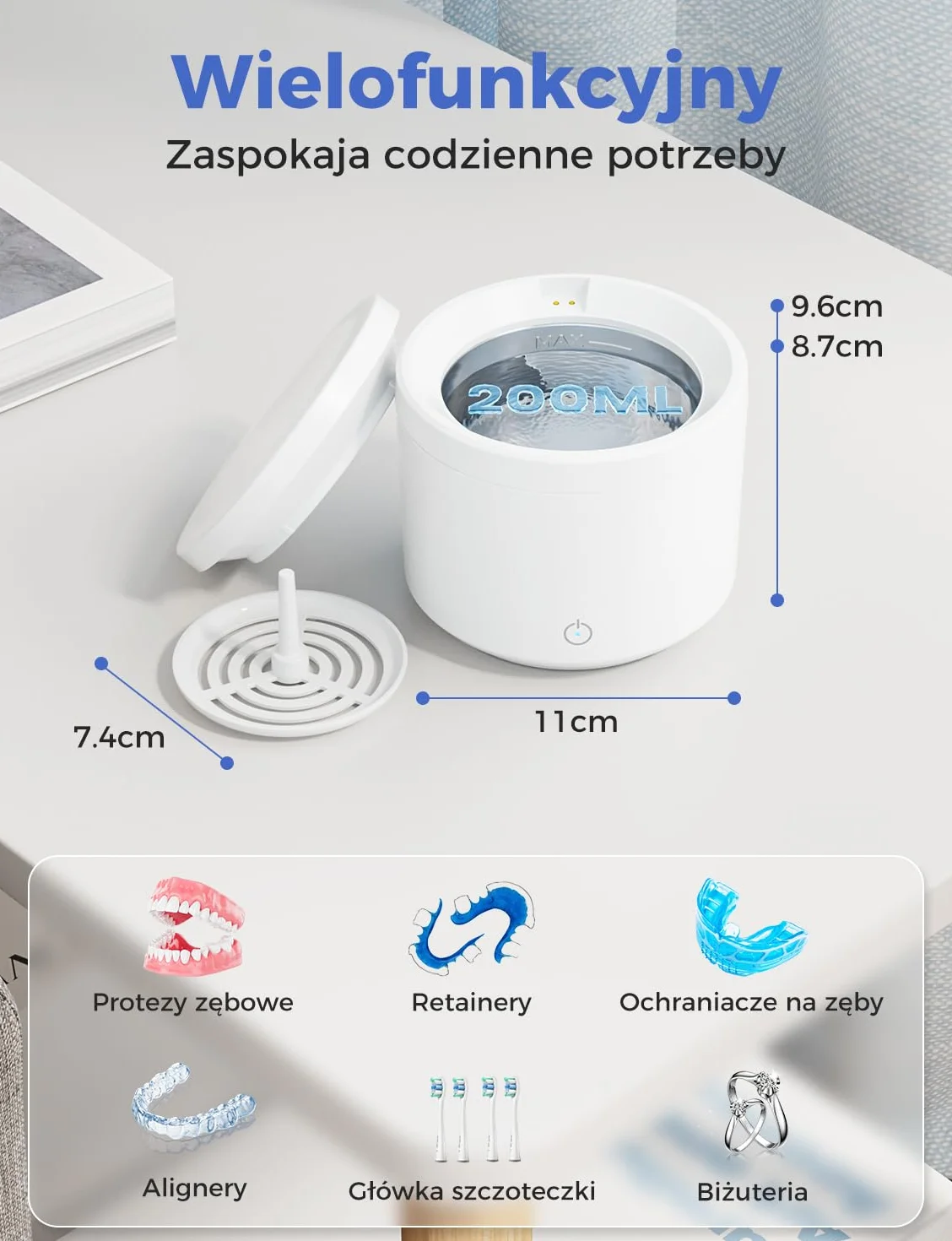 Myjka Ultradźwiękowa 48000HZ, Ultrasonic Retainers Cleaner 200ML z Lampą UV, 24W Urządzenie Do Czyszczenia Ultradźwiękowego do Protez Zębowych/Aparatów Ortodontycznych/Nakładek Invisalign