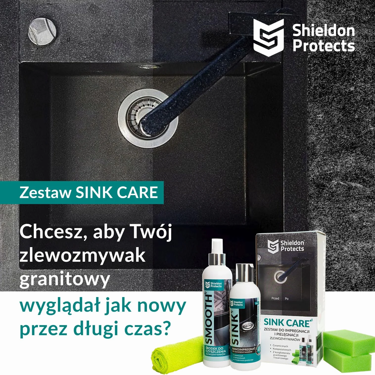 Zestaw do czyszczenia i pielęgnacji zlewozmywaków Shieldon Protects Sink Care - Impregnat do zlewu granitowego + płyn do czyszczenia - usuwa codzienne zabrudzenia, wydobywa kolor, nabłyszcza i chroni