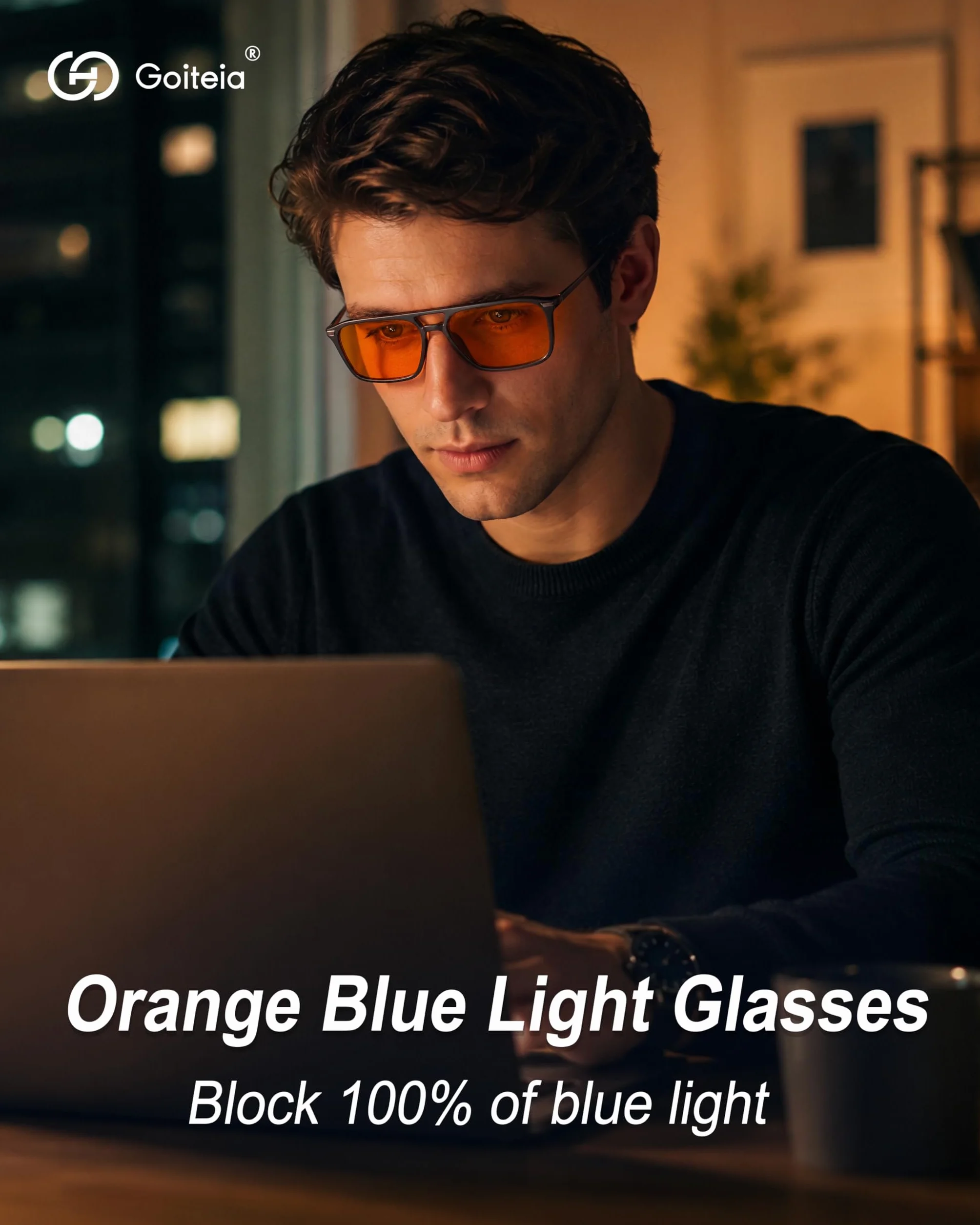 Goiteia 100% Orange Blue Light Blocking Glasses-Amber Tint Gaming Glasses for Better Sleep/Eyes Strain/Light Sensitive-Ultra Light & Spring Hinges for Better Comfort