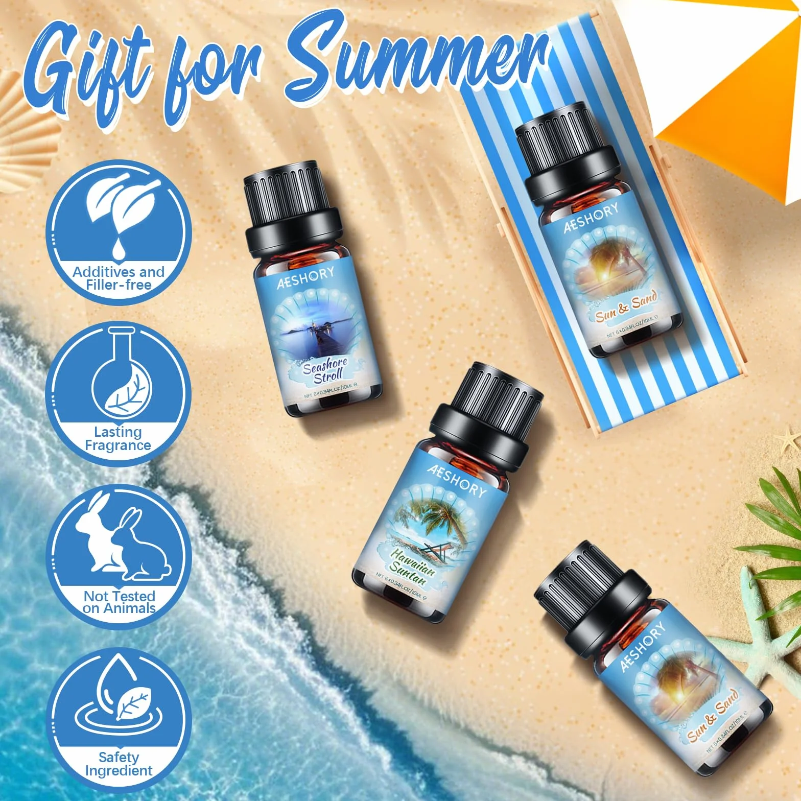 AESHORY Zestaw olejków eterycznych Beach 6 x 10 ml, Olejek zapachowy Summer Aroma Oil do dyfuzora - Hawaiian Suntan, Walk by the Sea, Sea Breeze, Sun & Sand, Rock Salt & Driftwood, Morze