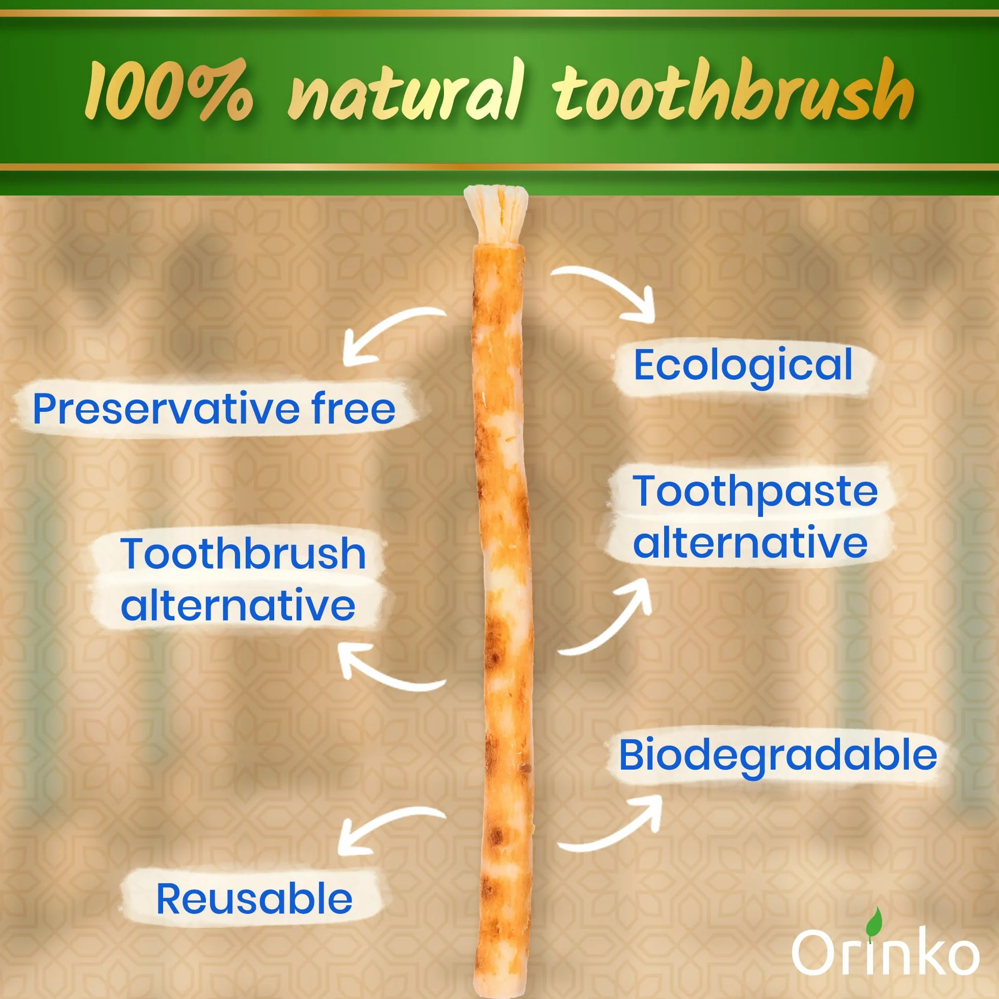 Orinko Zestaw 6 Patyczków Miswak - 100% Naturalne Szczoteczki do Zębów - Czyszczą, Dezynfekują i Wybielają - Ekologiczne, Biodegradowalne i Wegańskie - Dodatkowy E-book