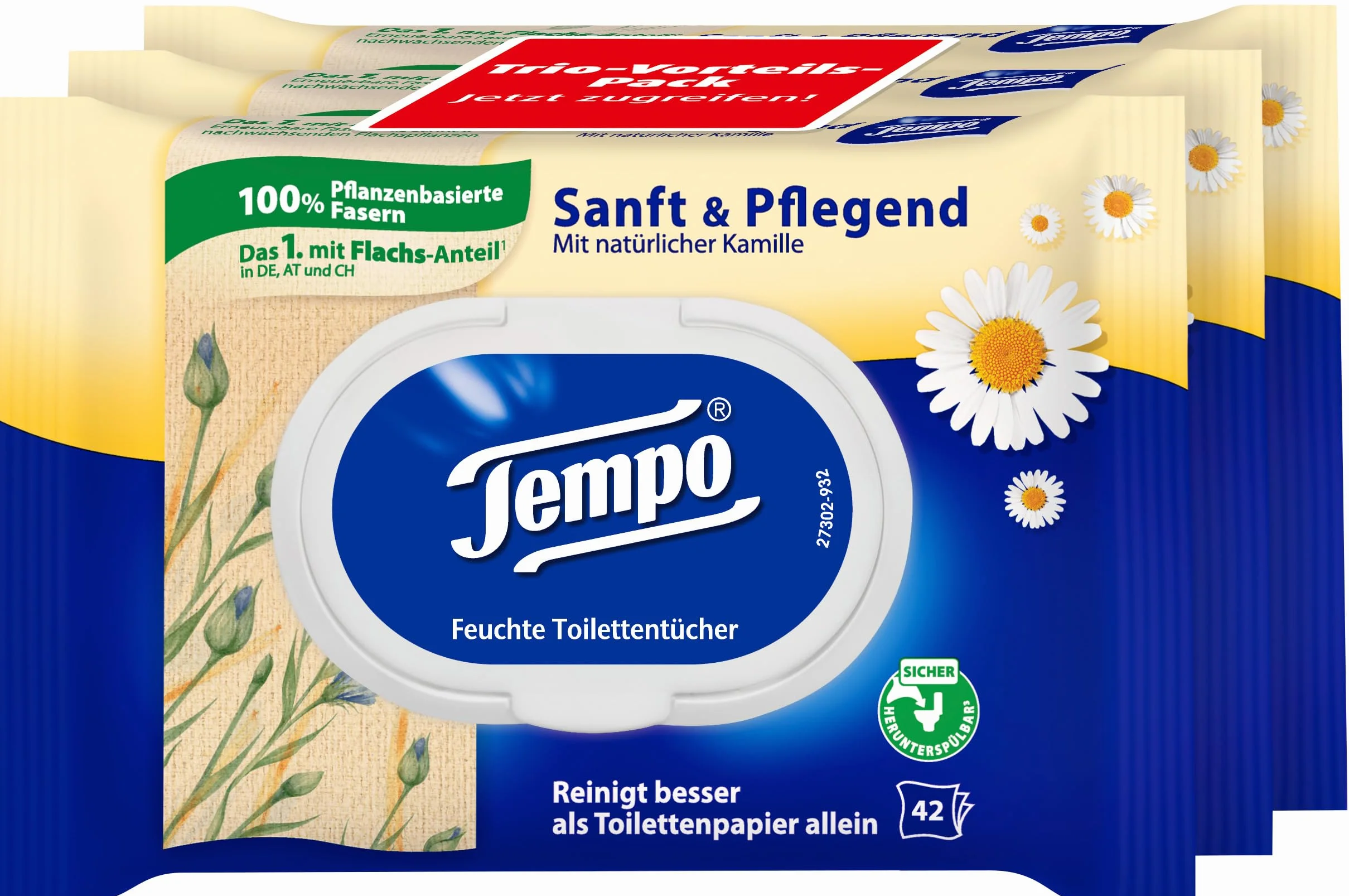 Tempo Papier toaletowy wilgotny Tempo Delikatny pielęgnujący trójpak (18 (6 x 3) opakowań x 42 arkusze każda), duże opakowanie, 1 kg
