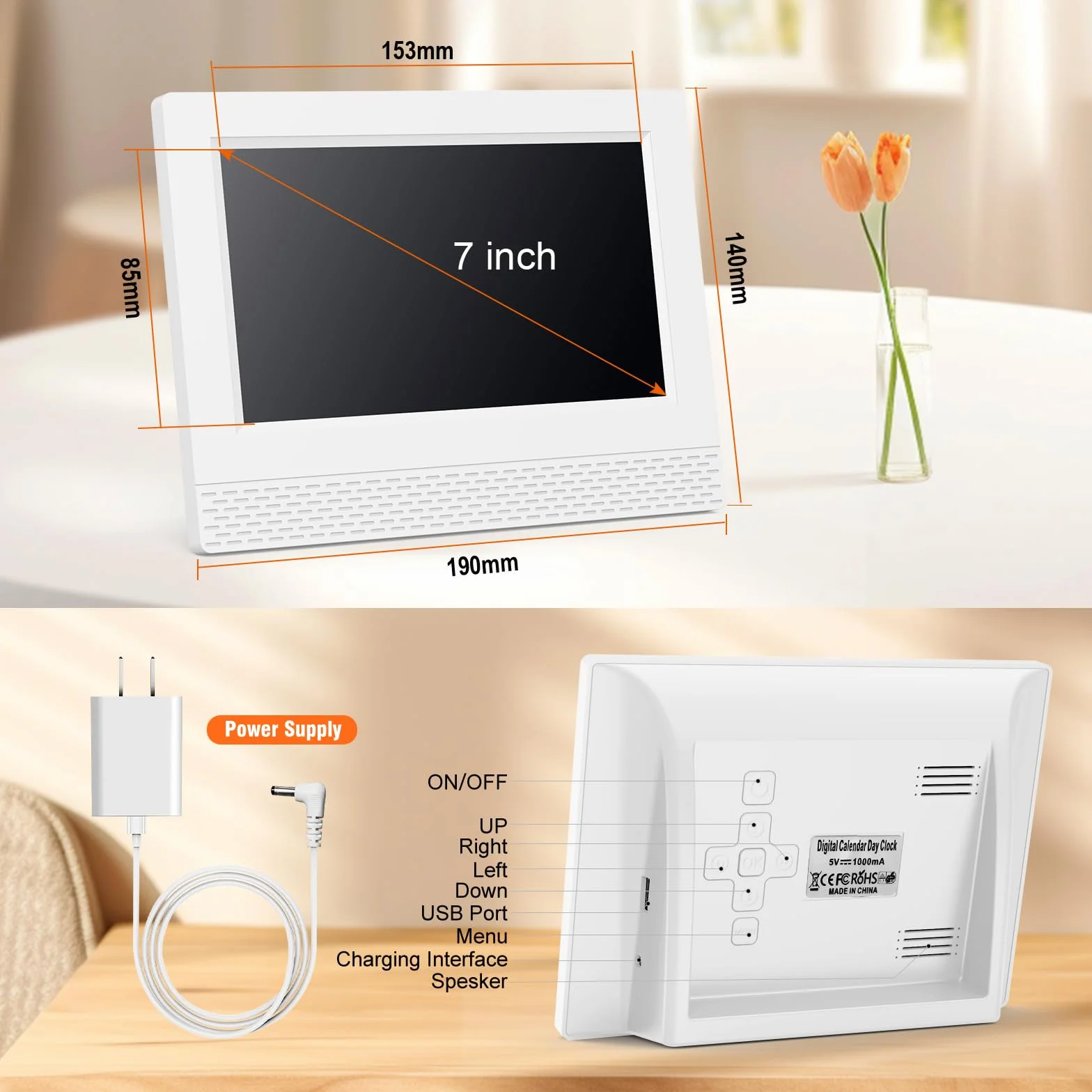 Budzik Cyfrowy Kalendarz Zegar, 7" LCD Automatyczne ściemnianie z czasem, datą, rokiem miesiącem dzień bez skrótu Pełny zegar dla osób starszych Utrata pamięci Alzheimer demencja - biały