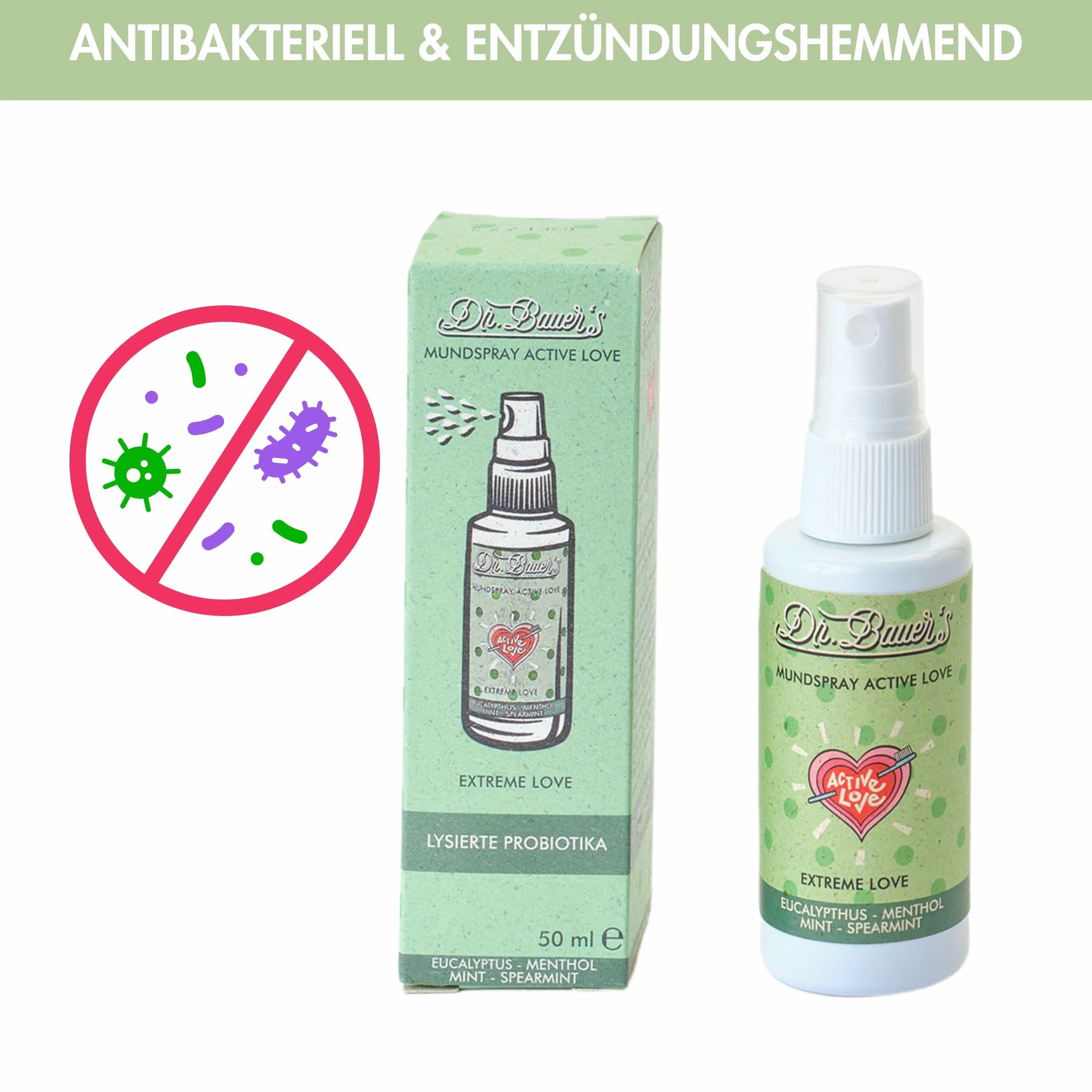 Dr. Bauer's Extreme Love Spray do ust 50 ml – mocna świeżość mięty, wegański, bez alkoholu