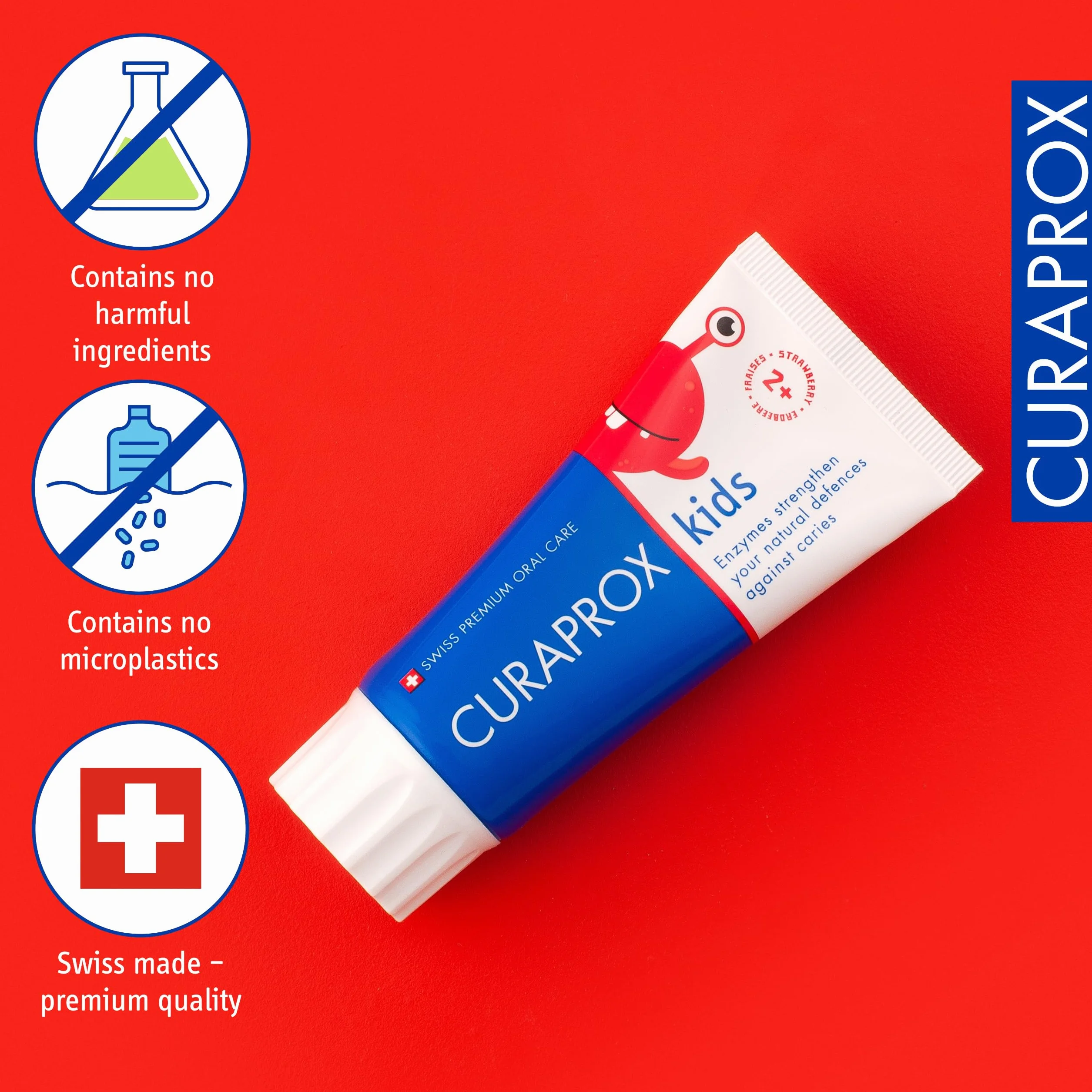 Curaprox kids Pasta do zębów – wiek 2+ / smak truskawkowy/chroni zęby mleczne fluorem 950 ppm/delikatna formuła / 60 ml/Made in Switzerland