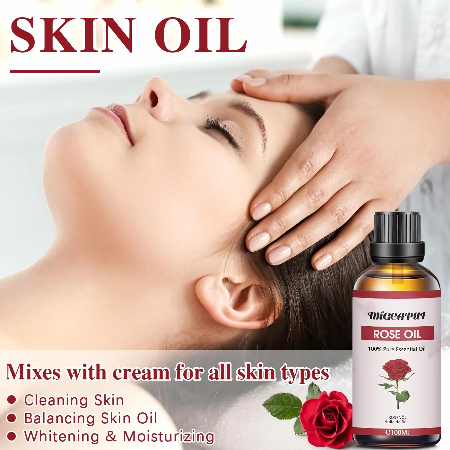 MIGCAPUT Olejek Eteryczny z Róży 100ML, 100% Naturalny Olejek Aromaterapeutyczny, Olejek Różany Klasy Terapeutycznej do Dyfuzora Nawilżacza, SPA, Masażu