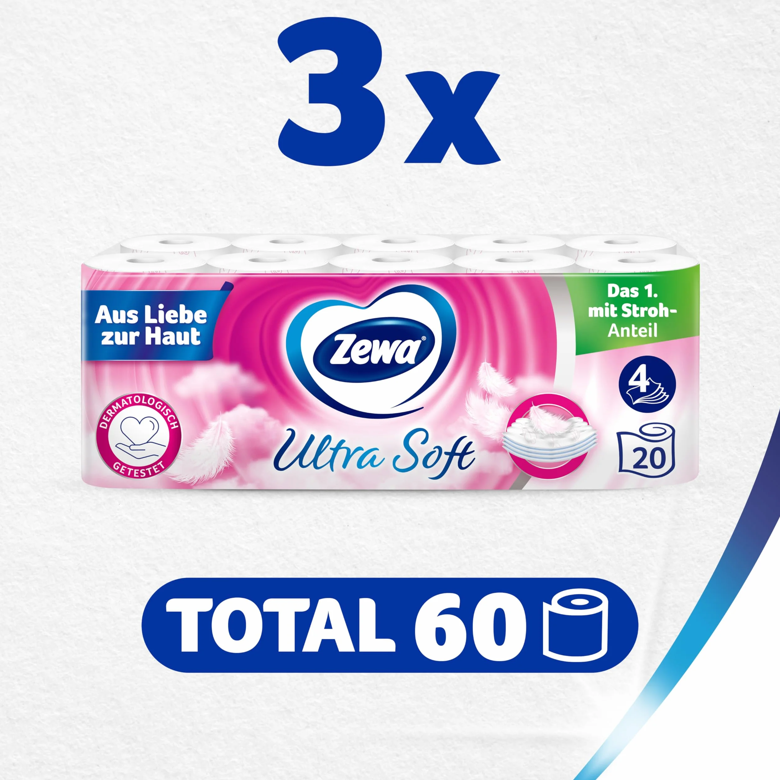 Zewa Ultra miękki papier toaletowy z zawartością słomy 3 x 20 rolek biały 60 odliczeń