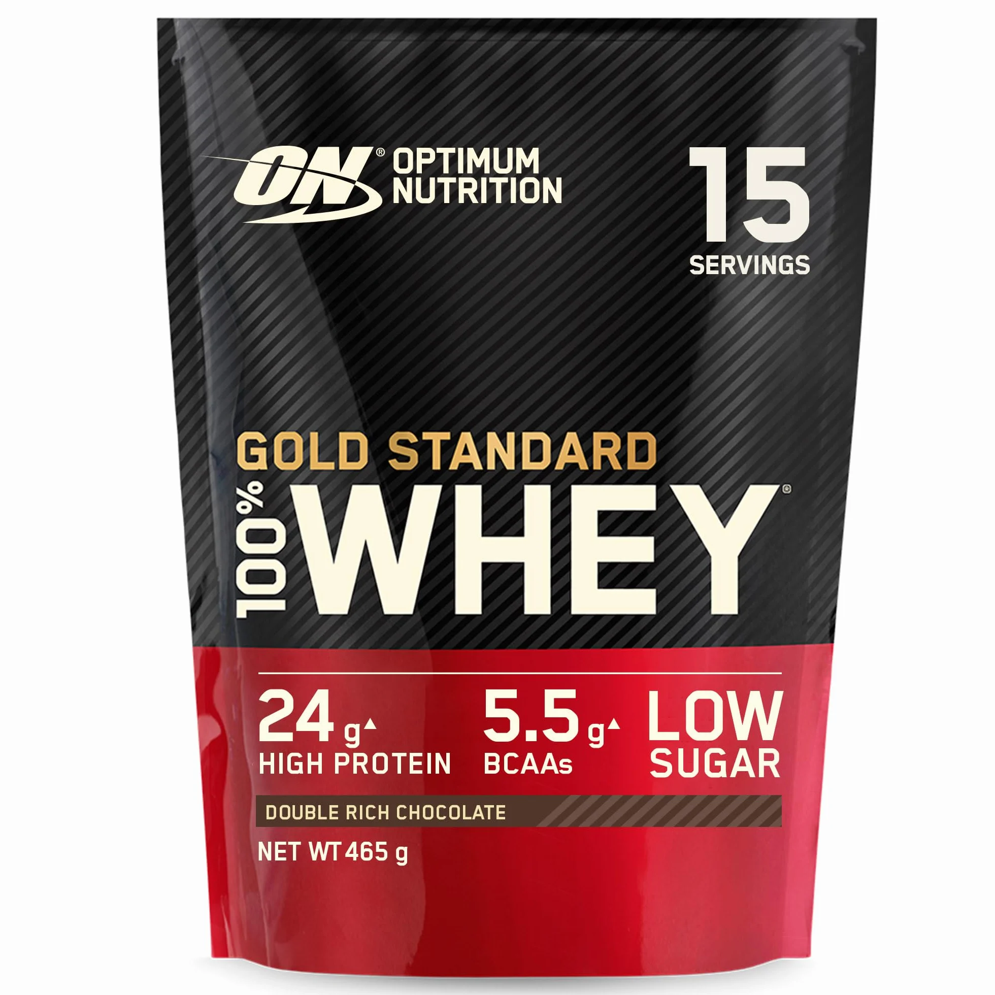 Optimum Nutrition Gold Standard 100% Whey, Koncentrat Białka Serwatkowego, Izolat i Hydrolizat Serwatki, BCAA, Glutamina, Wzrost i Naprawa Mięśni, Smak Podwójna Czekolada, 15 porcji, 465g