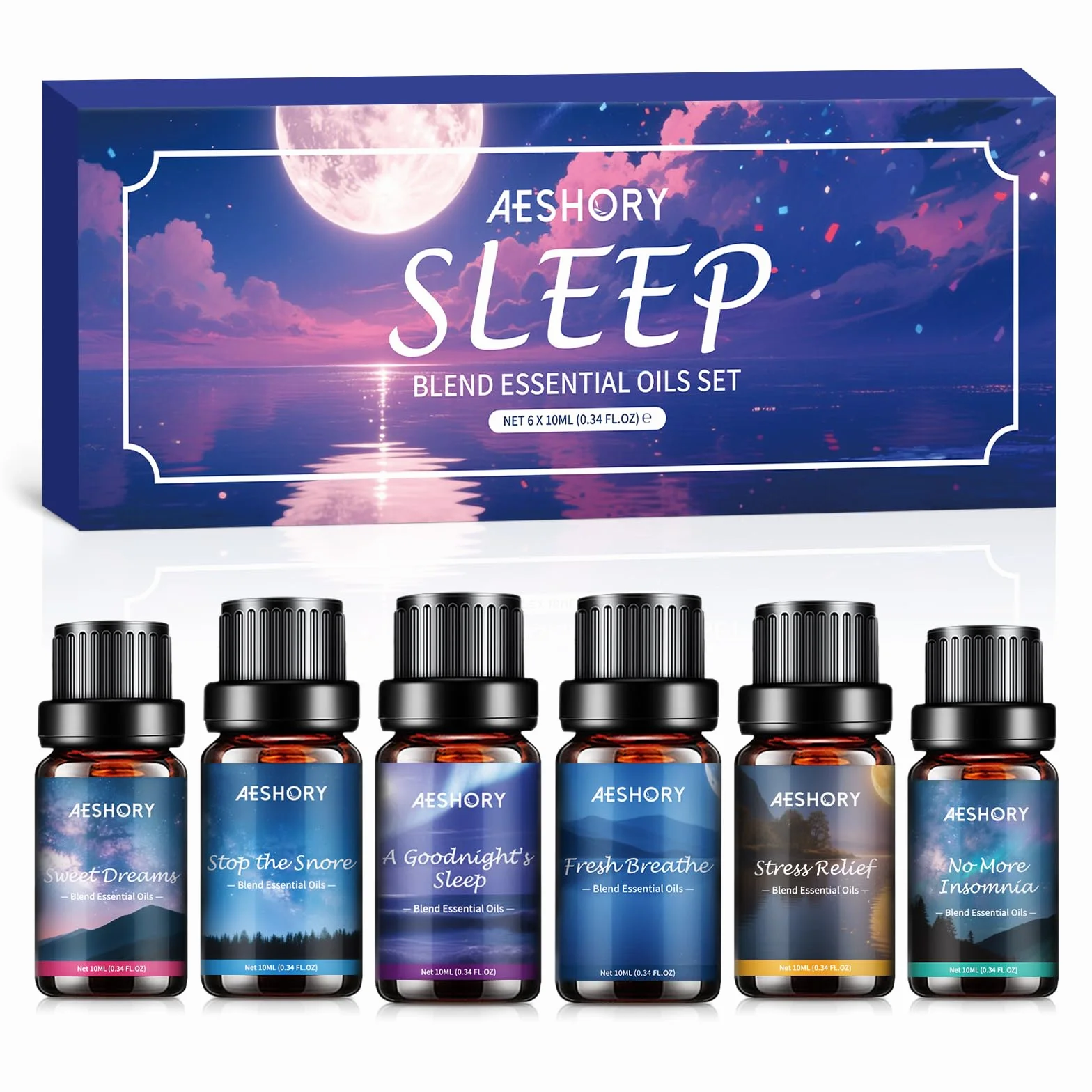 Aeshory 6 x 10ml Zestaw Olejków Eterycznych Na Sen Do Dyfuzorów Domowych, Aromaterapia – Świeży Oddech, Ulga W Stresie, Koniec Z Chrapaniem, Koniec Z Bezsennością, Słodkie Sny, Dobry Sen