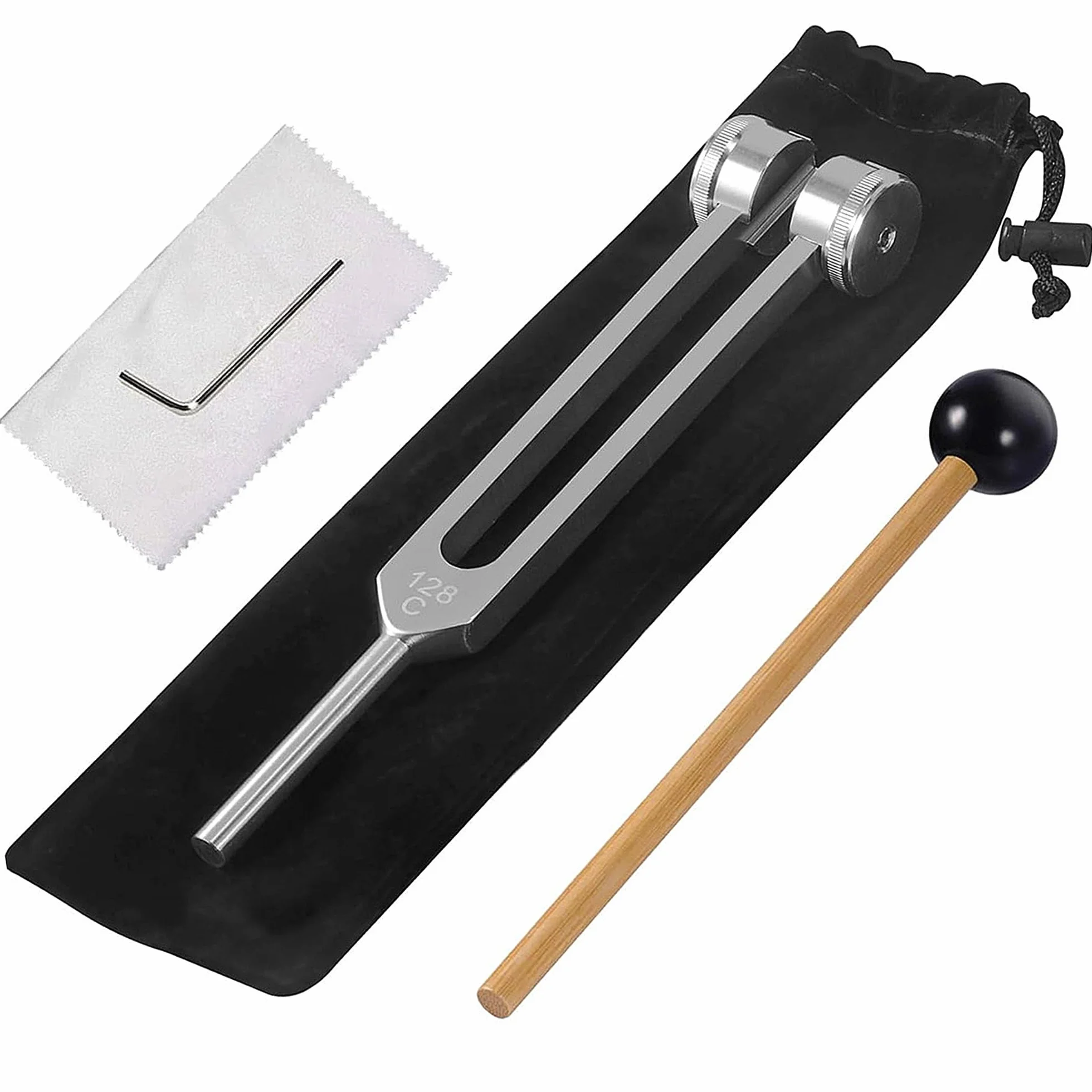 Aluminiowy aparat terapeutyczny 128 Hz z silikonowym młotkiem, zestawem naprawczym i ściereczką do czyszczenia, a wszystko zapakowane w miękką aksamitną torbę do wygodnego transportu i użytkowania