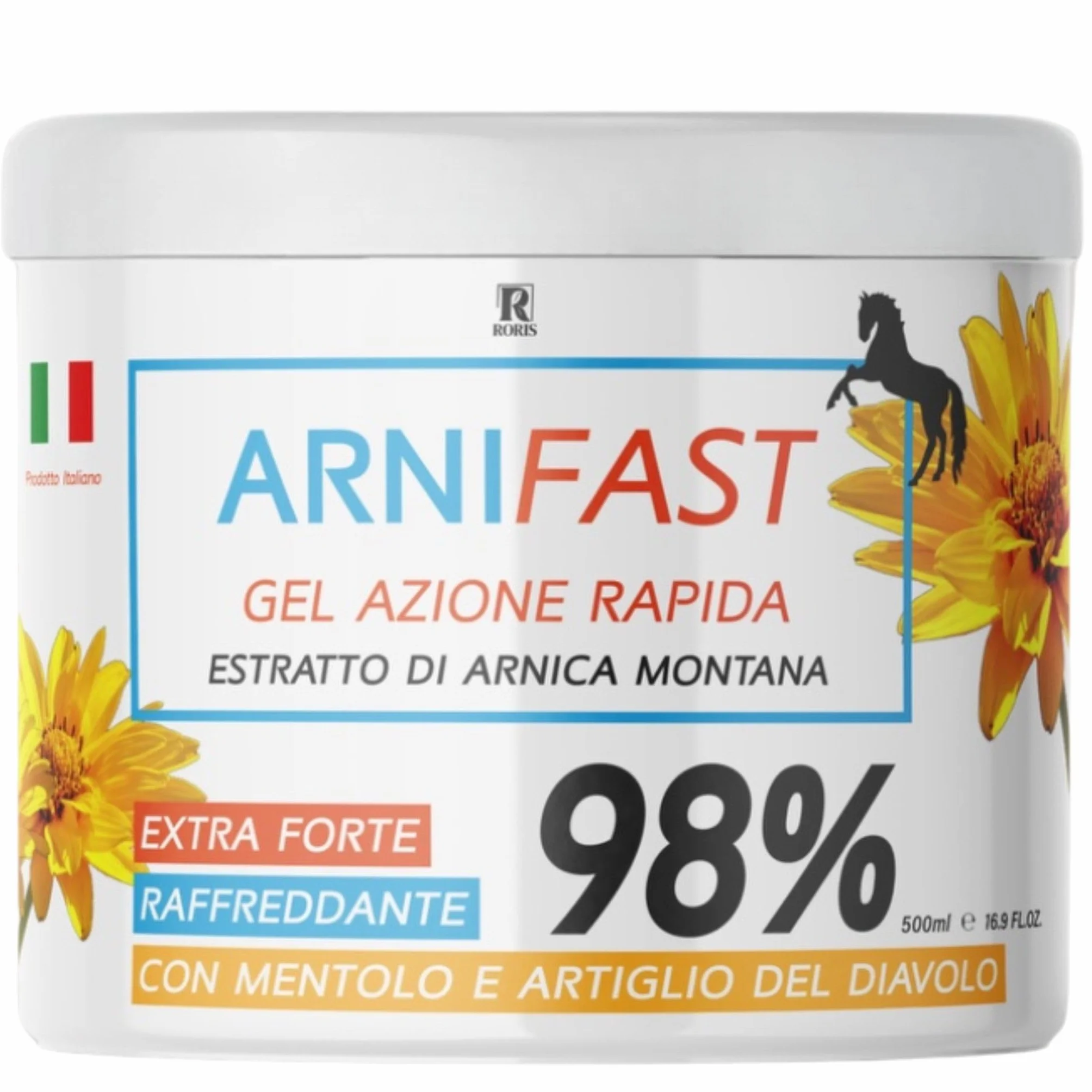 ARNIFAST arnika dla koni, 98% bardzo mocna, prawdziwy ekstrakt z arniki, szybko działający żel 500 ml, wyprodukowany we Włoszech, idealny do rozdarcia, rozciągania i masażu mięśni i stawów