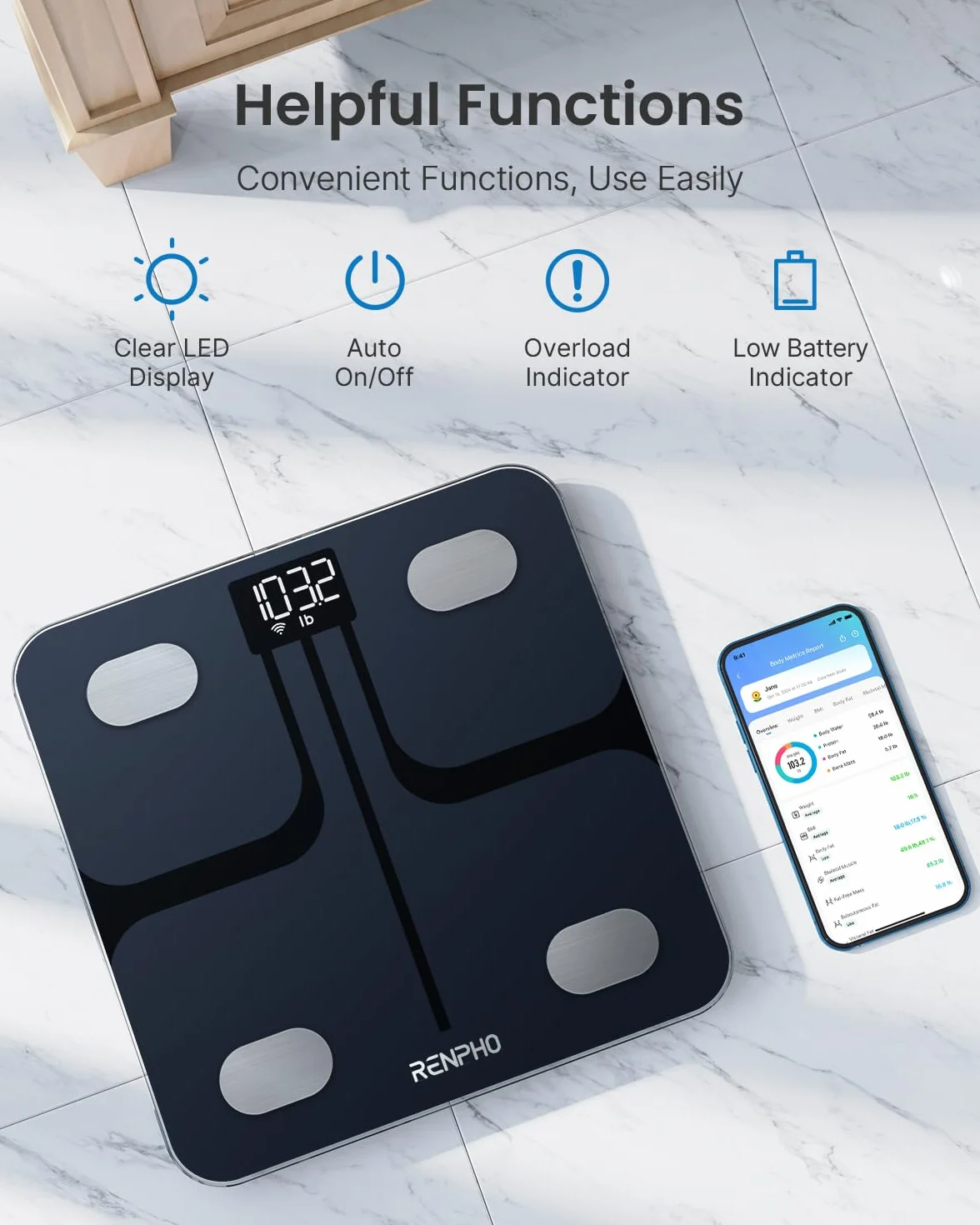 RENPHO Inteligentna waga łazienkowa Wi-Fi Bluetooth BMI z aplikacją, czarny